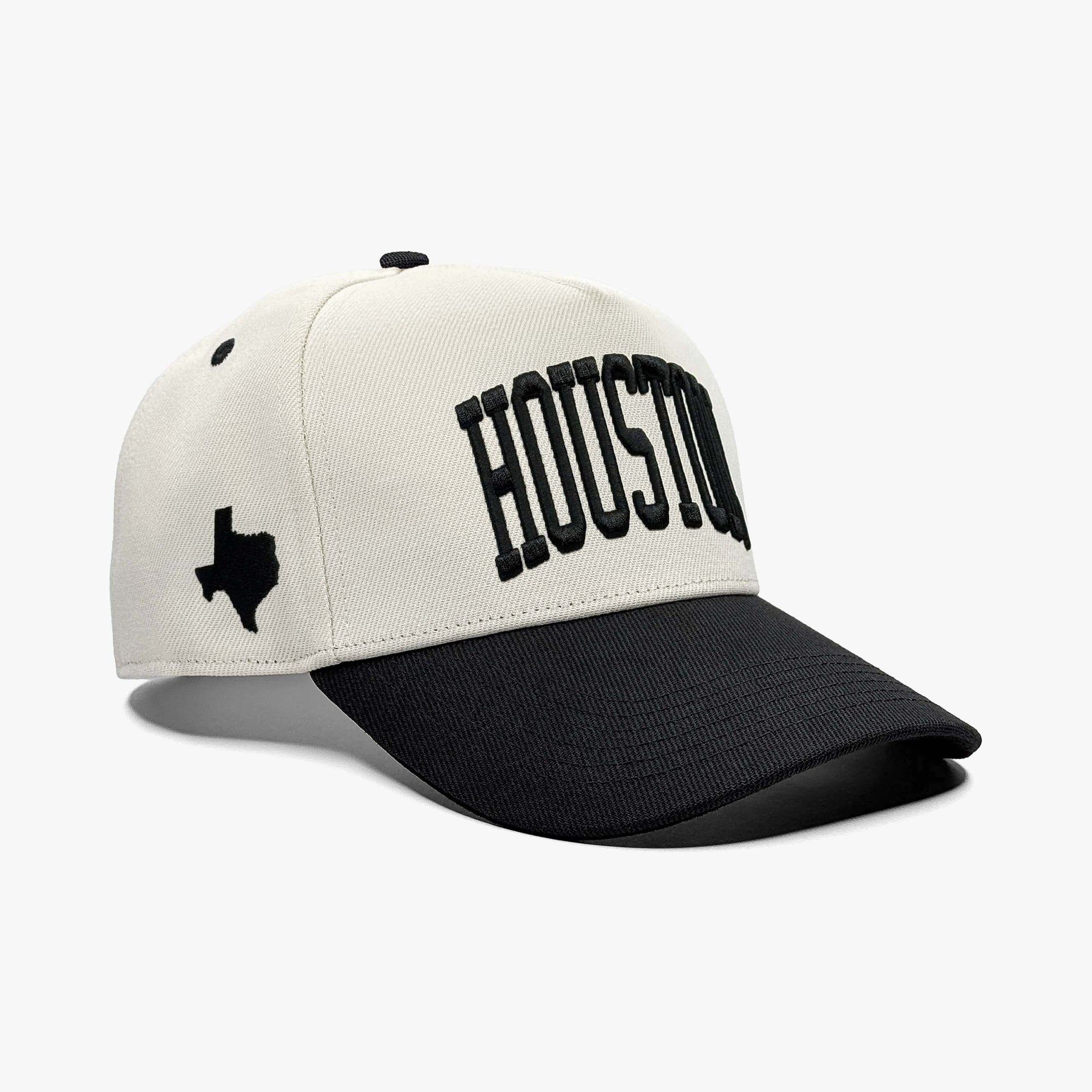 Houston Off White 5-Panel Snapback Hat – Right Angle View with Texas State Silhouette Embroidery