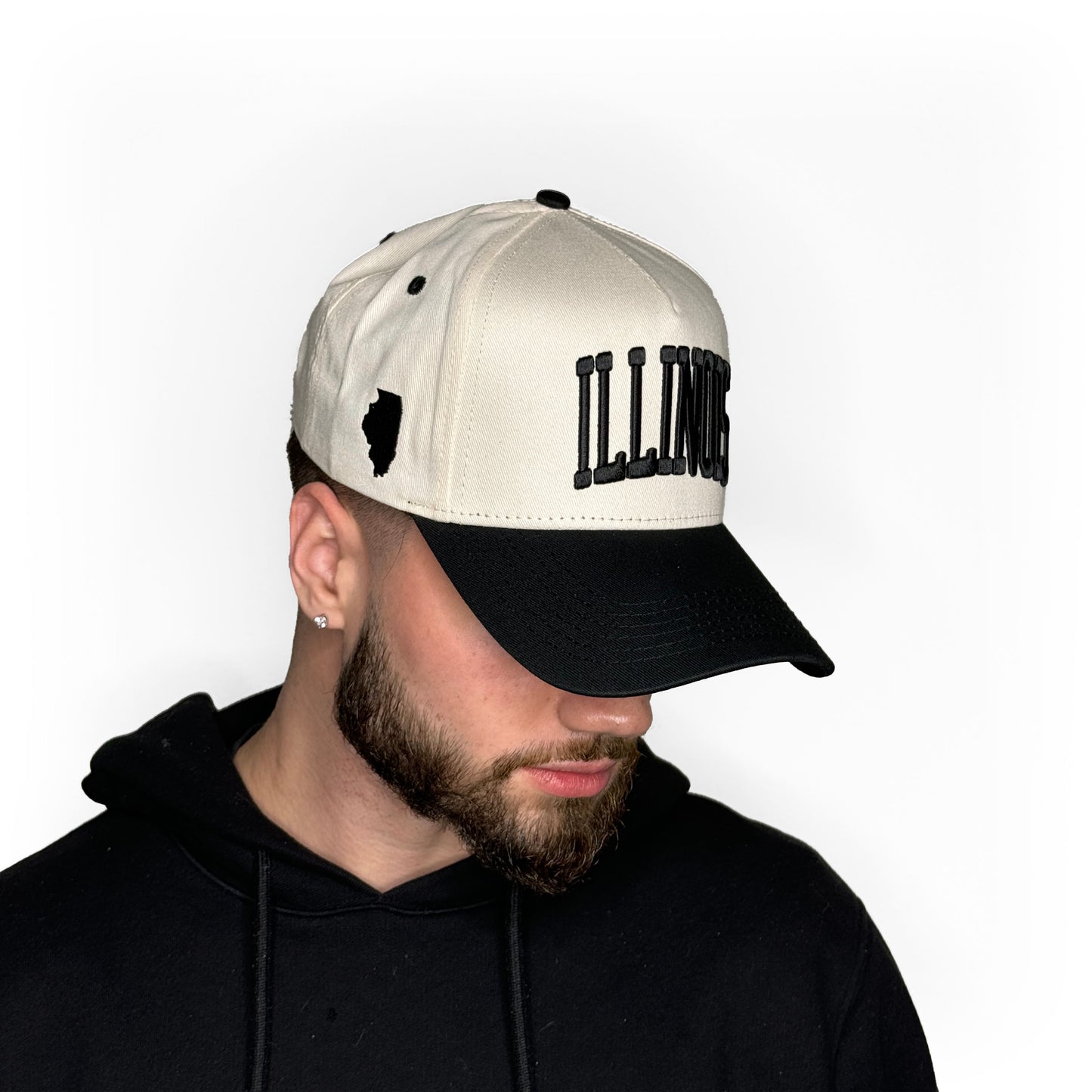 Model Wearing Illinois Off White Snapback – Close-Up Side Profile