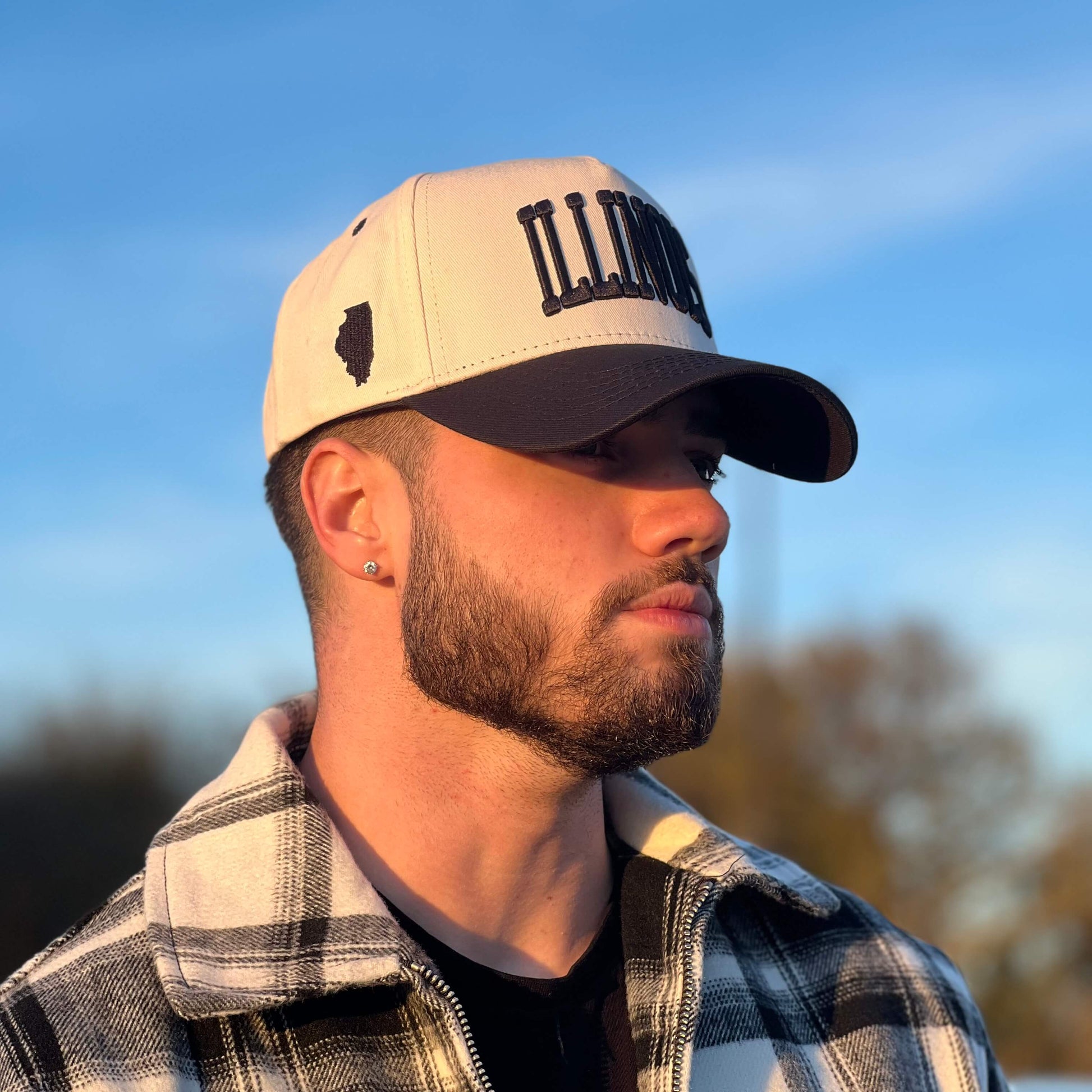 Model Wearing Illinois Off White Snapback – Outdoor Side Profile