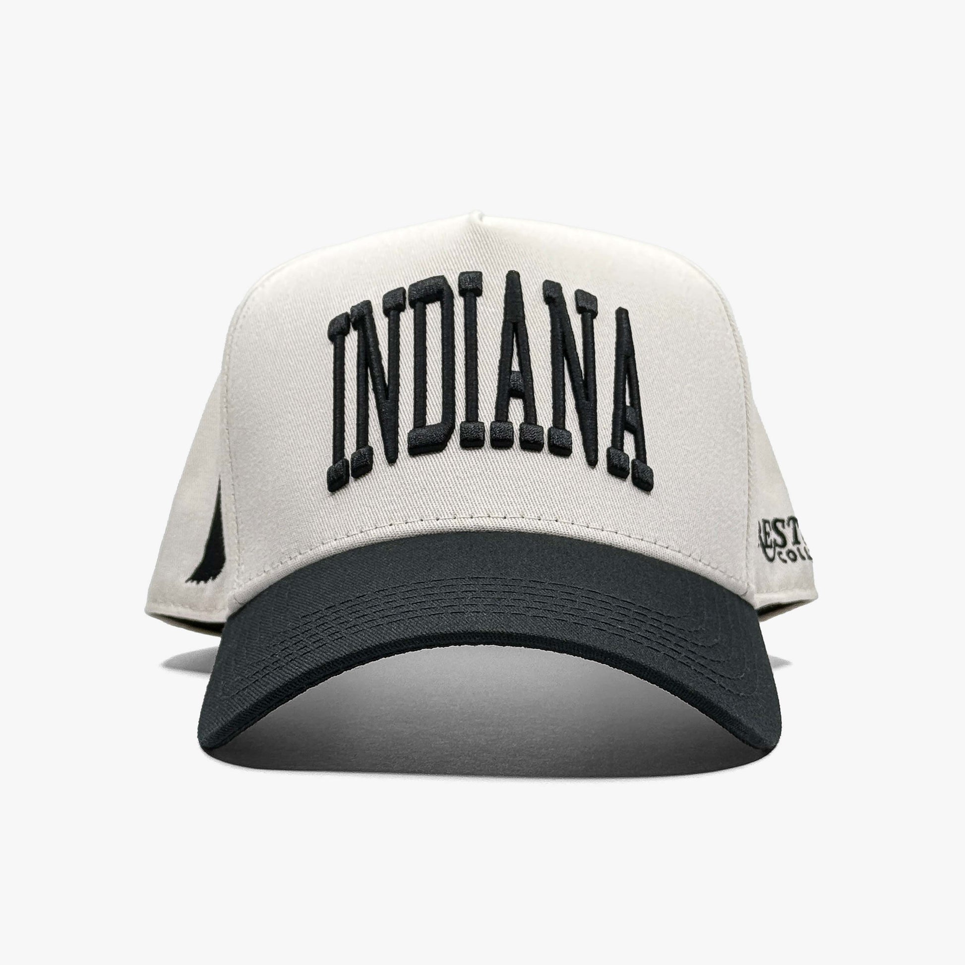 Indiana Off White 5-Panel Snapback Hat – Front View with Indiana Embroidery
