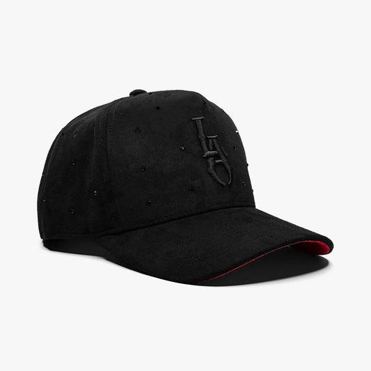 LA Starlight Smoke Edition hat angled front view with premium black suede and red under brim