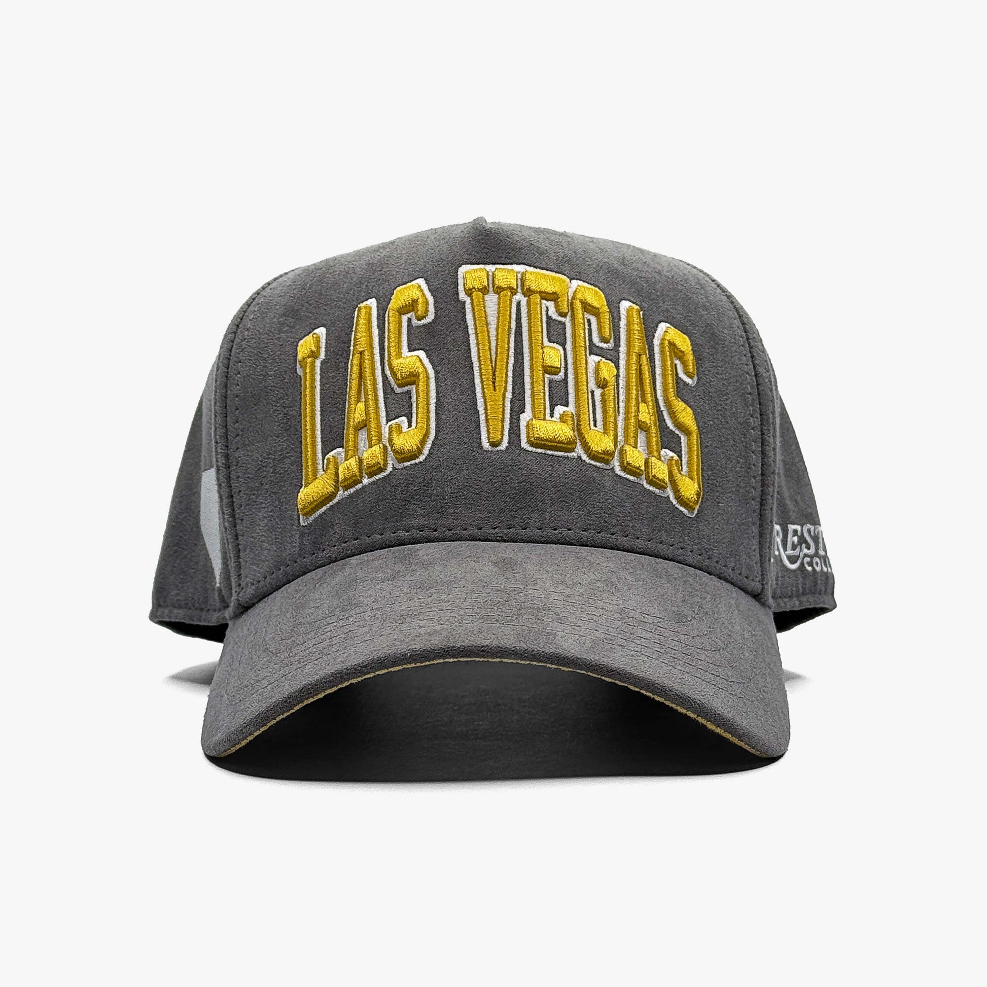 Las Vegas Smoke Grey Limited 5-Panel Suede Snapback Hat – Front View with Las Vegas Embroidery
