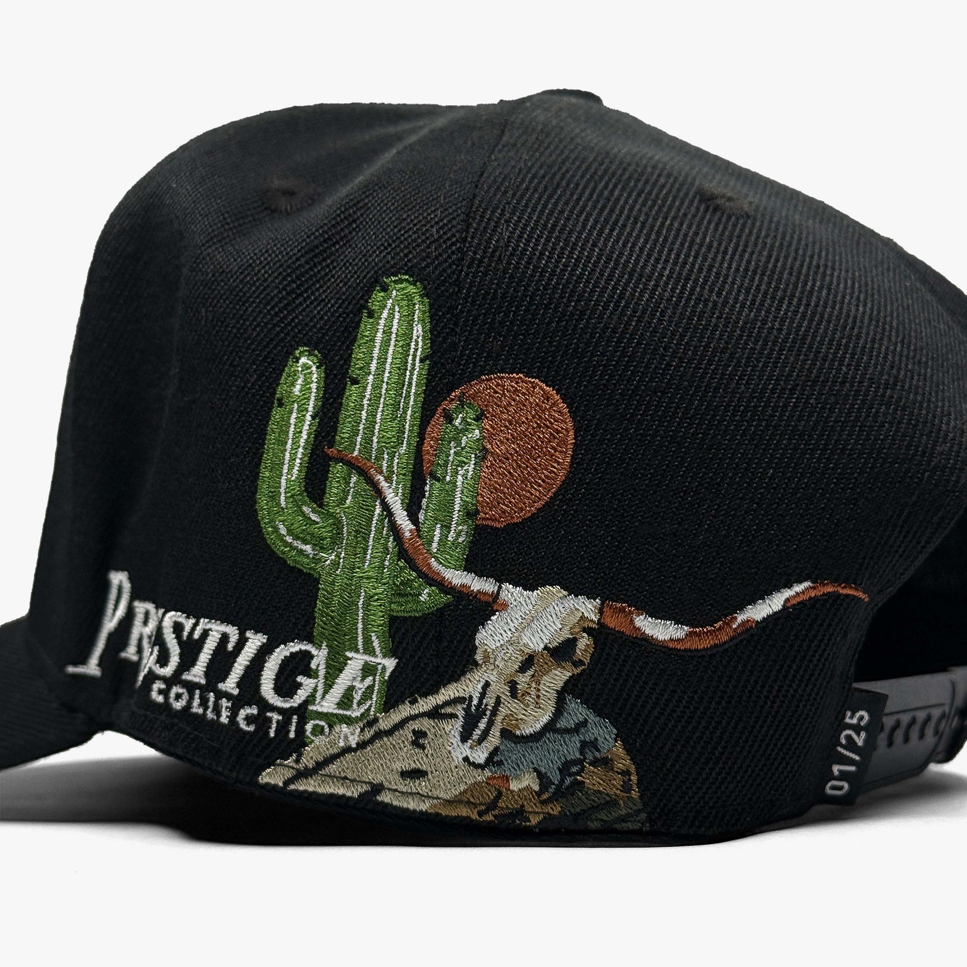 Lone Star Cowboy Black 5-Panel Snapback Hat – Close-Up Side Embroidery of Cactus, Skull, and Sunset