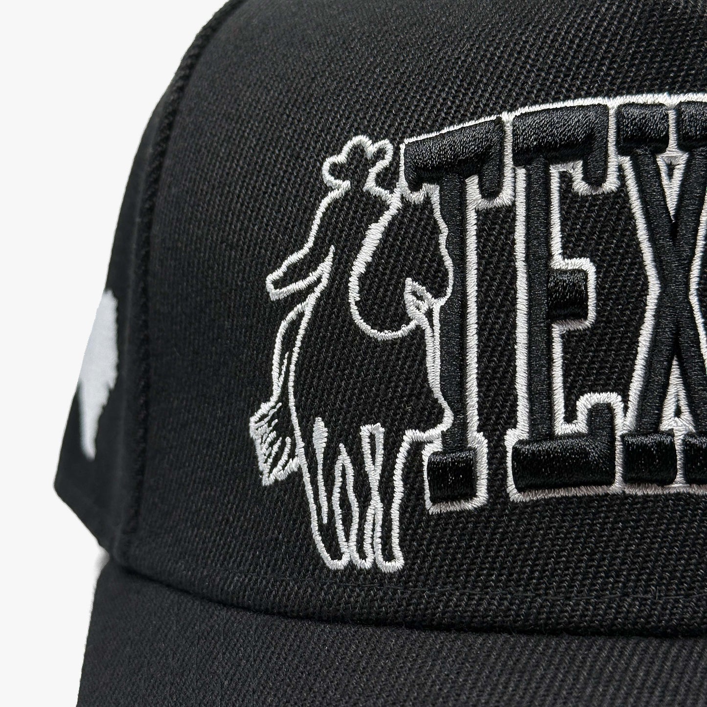 Lone Star Cowboy Black 5-Panel Snapback Hat – Close-Up of Front Texas Cowboy Embroidery
