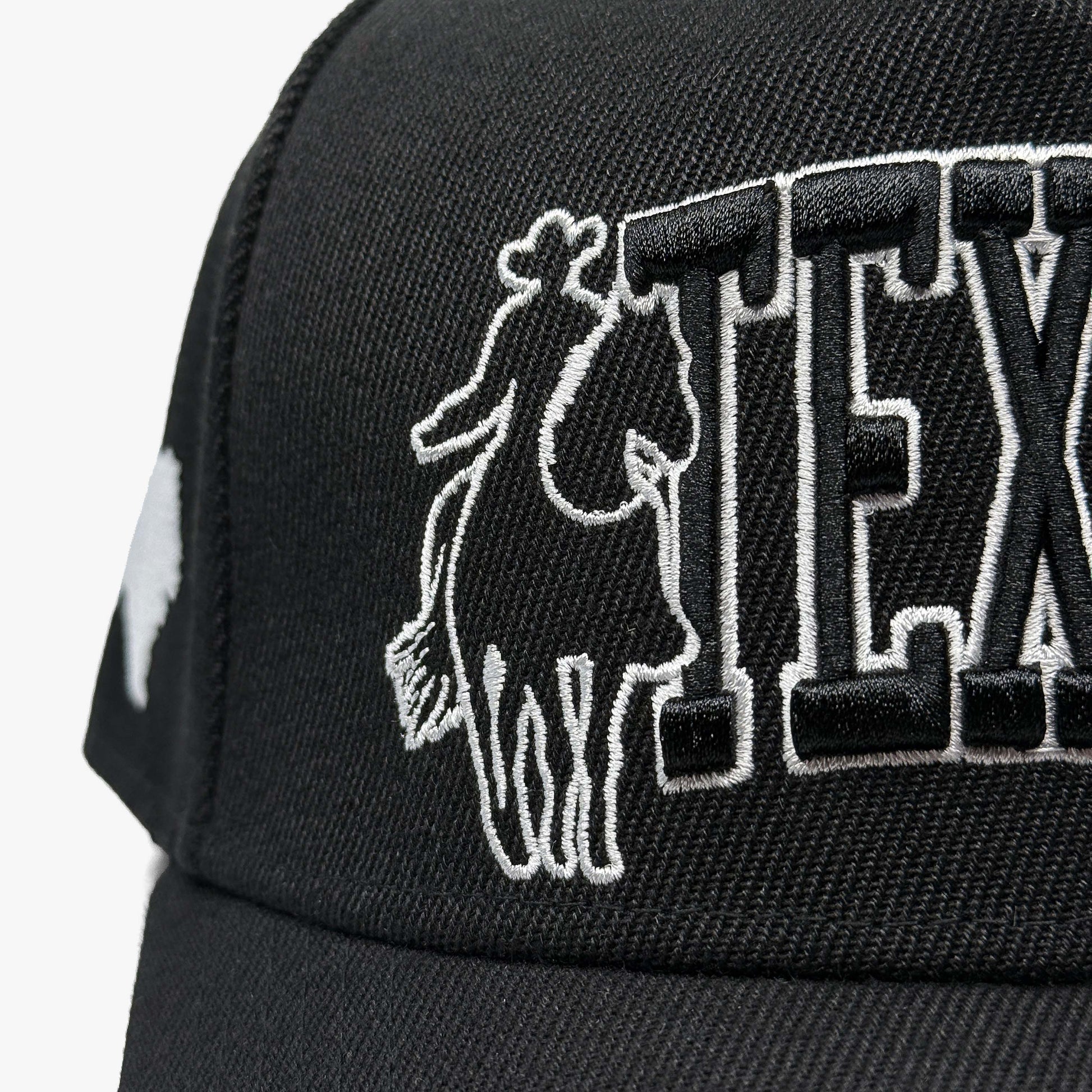 Lone Star Cowboy Black 5-Panel Snapback Hat – Close-Up of Front Texas Cowboy Embroidery