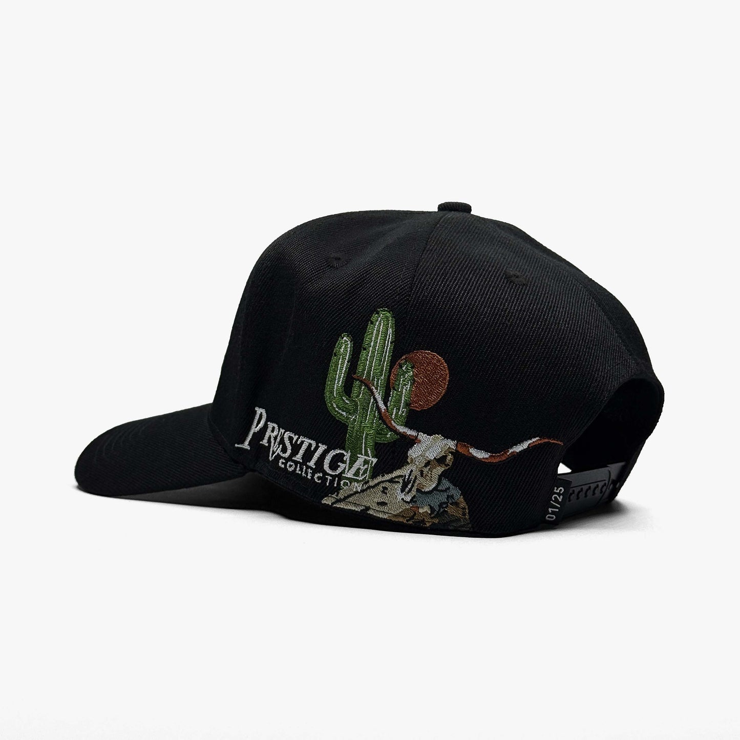 Lone Star Cowboy Black 5-Panel Snapback Hat – Prestige Collection Side Detail with Cactus, Skull, and Sunset Embroidery