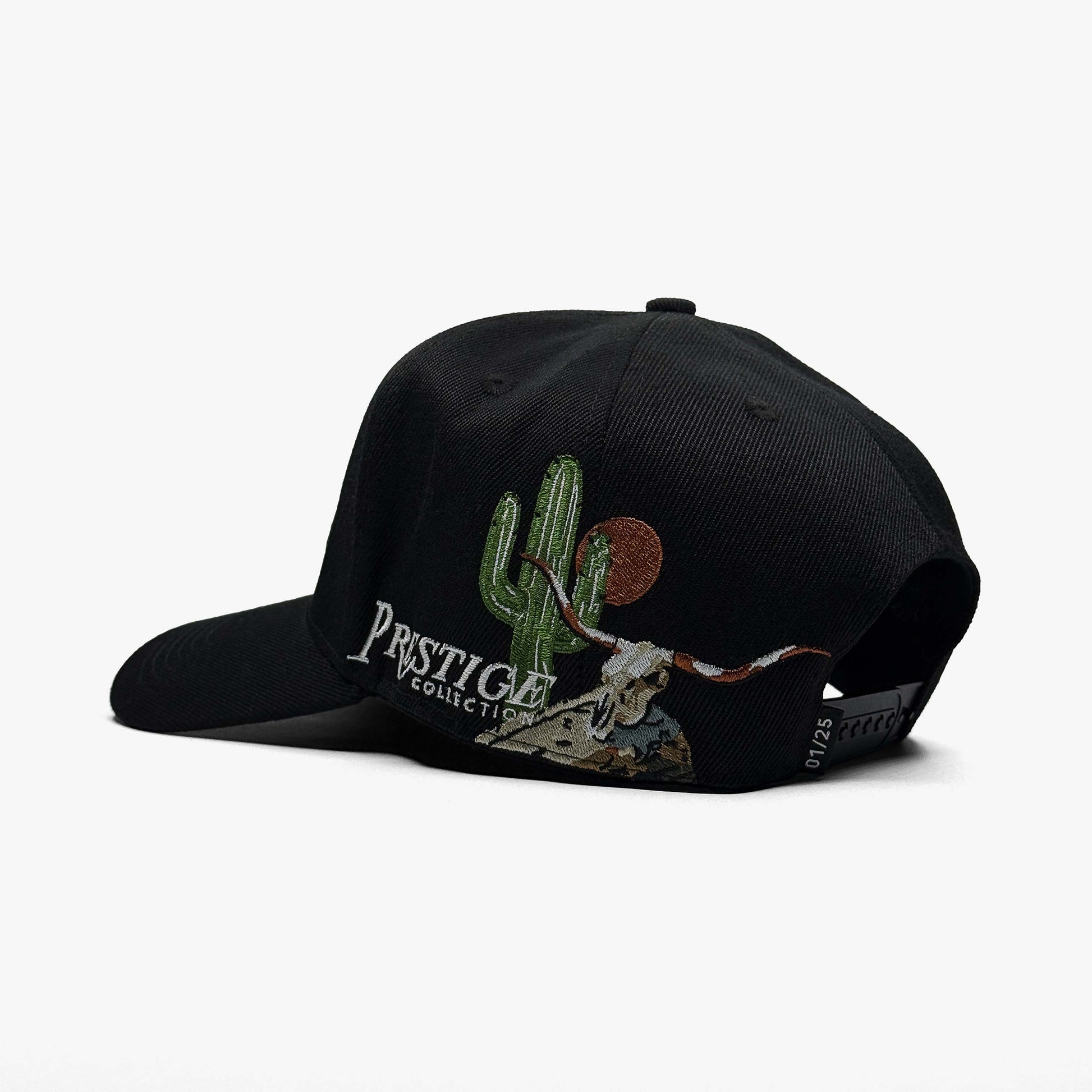 Lone Star Cowboy Black 5-Panel Snapback Hat – Prestige Collection Side Detail with Cactus, Skull, and Sunset Embroidery