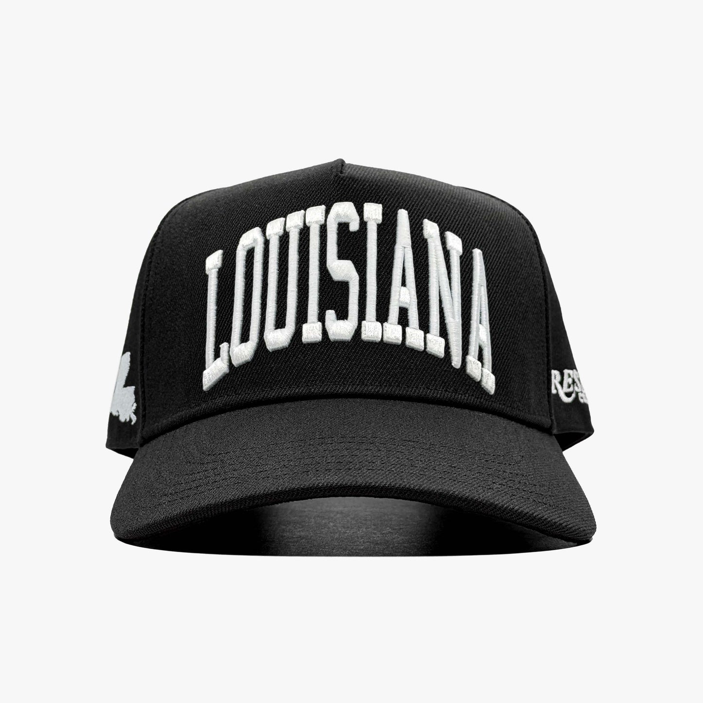 Louisiana Black 5-Panel Snapback Hat – Center Front View with Louisiana State Embroidery