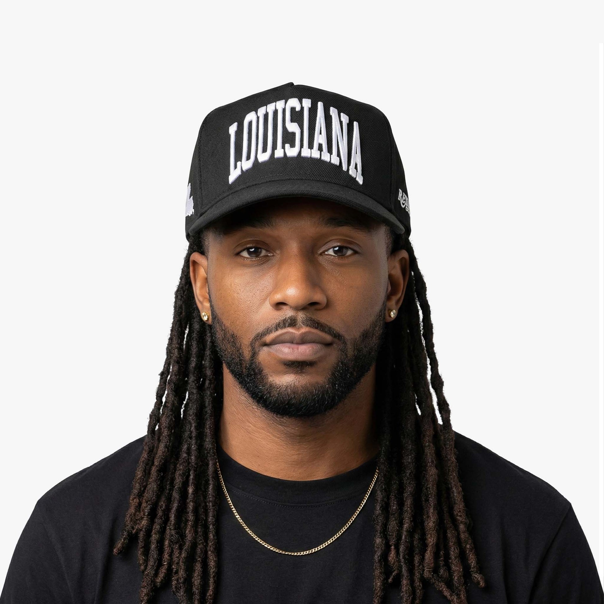 Male model wearing Louisiana black 5 panel snapback by Prestige Collection