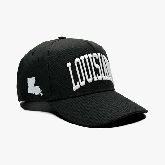 Louisiana Black 5-Panel Snapback Hat – Right Angle View with State Silhouette Embroidery