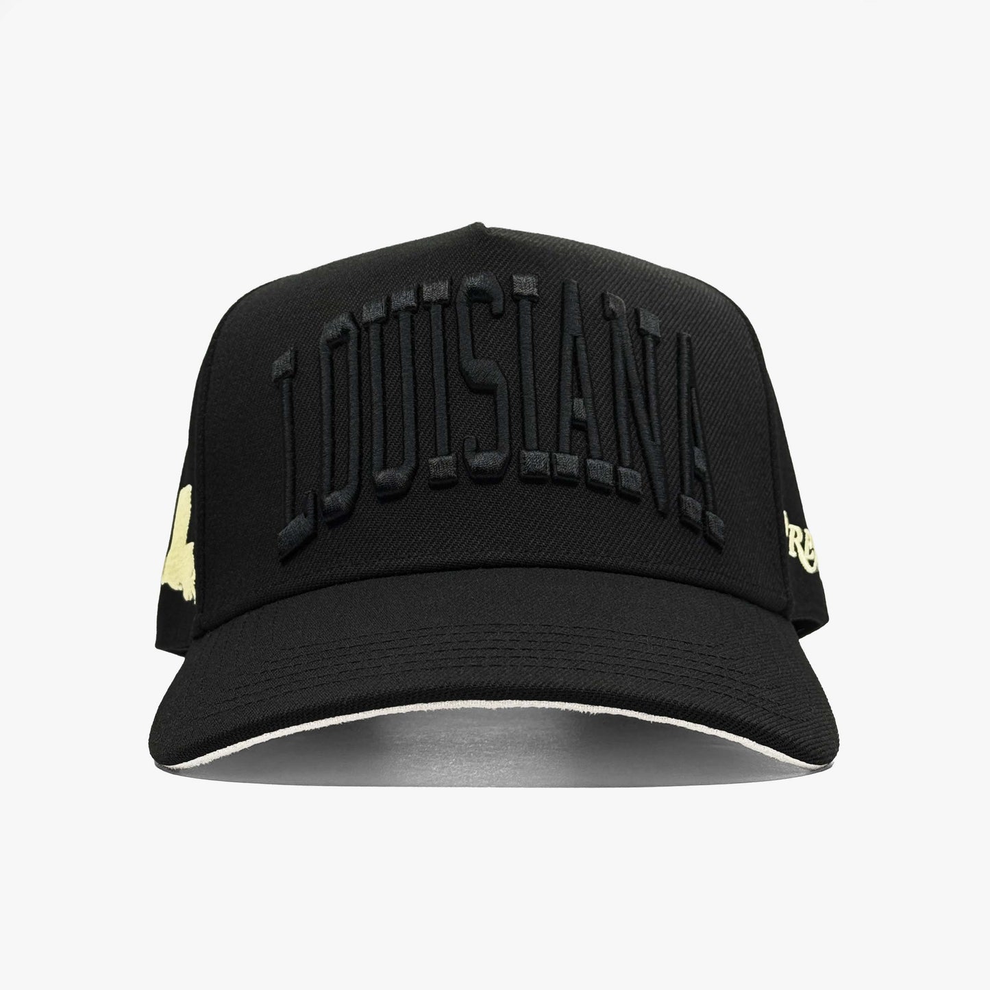 Louisiana Black Gold 5-Panel Snapback Hat – Center Front View with Louisiana Embroidery