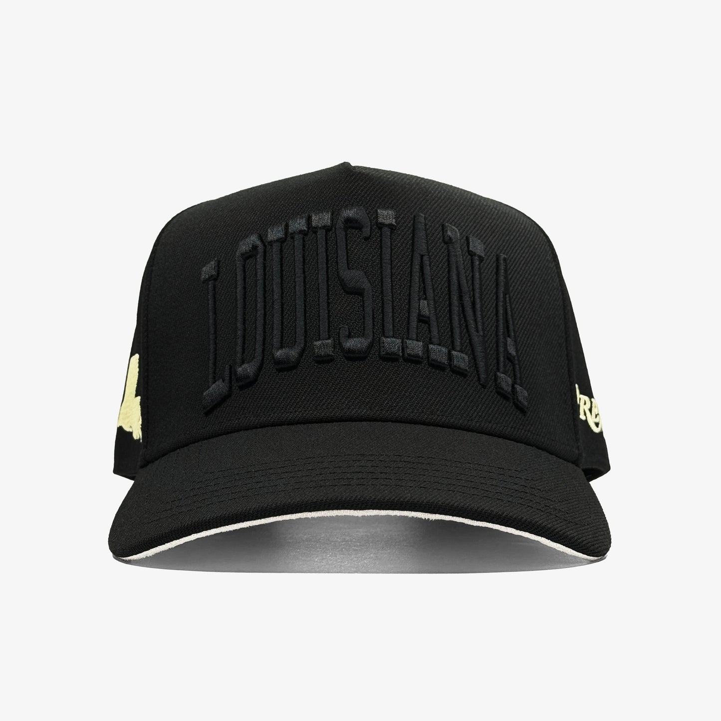 Louisiana Black Gold 5-Panel Snapback Hat – Center Front View with Louisiana Embroidery