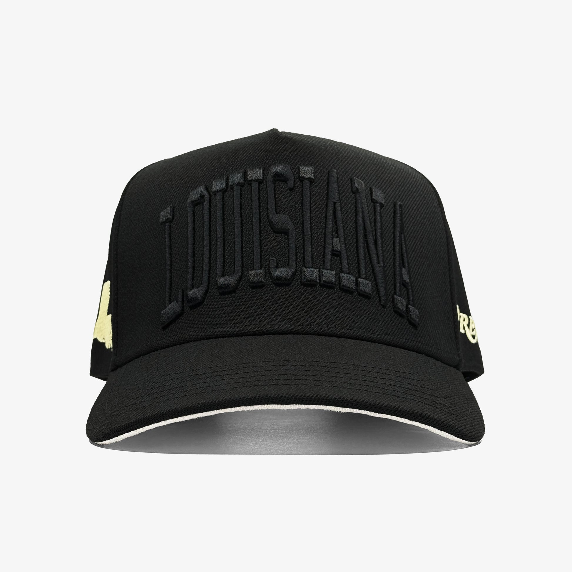 Louisiana Black Gold 5-Panel Snapback Hat – Center Front View with Louisiana Embroidery