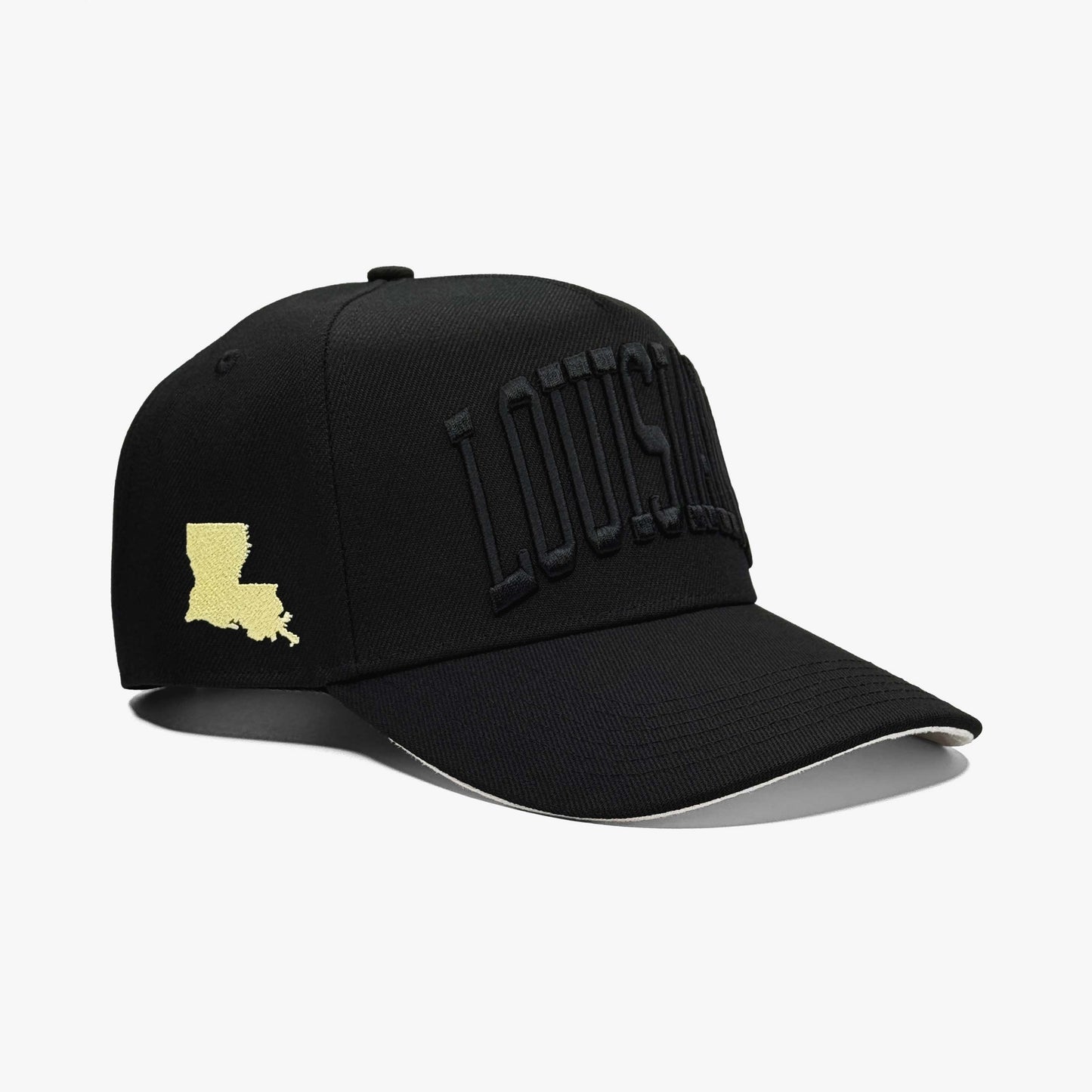 Louisiana Black Gold 5-Panel Snapback Hat – Right Angle View with Louisiana State Silhouette Embroidery