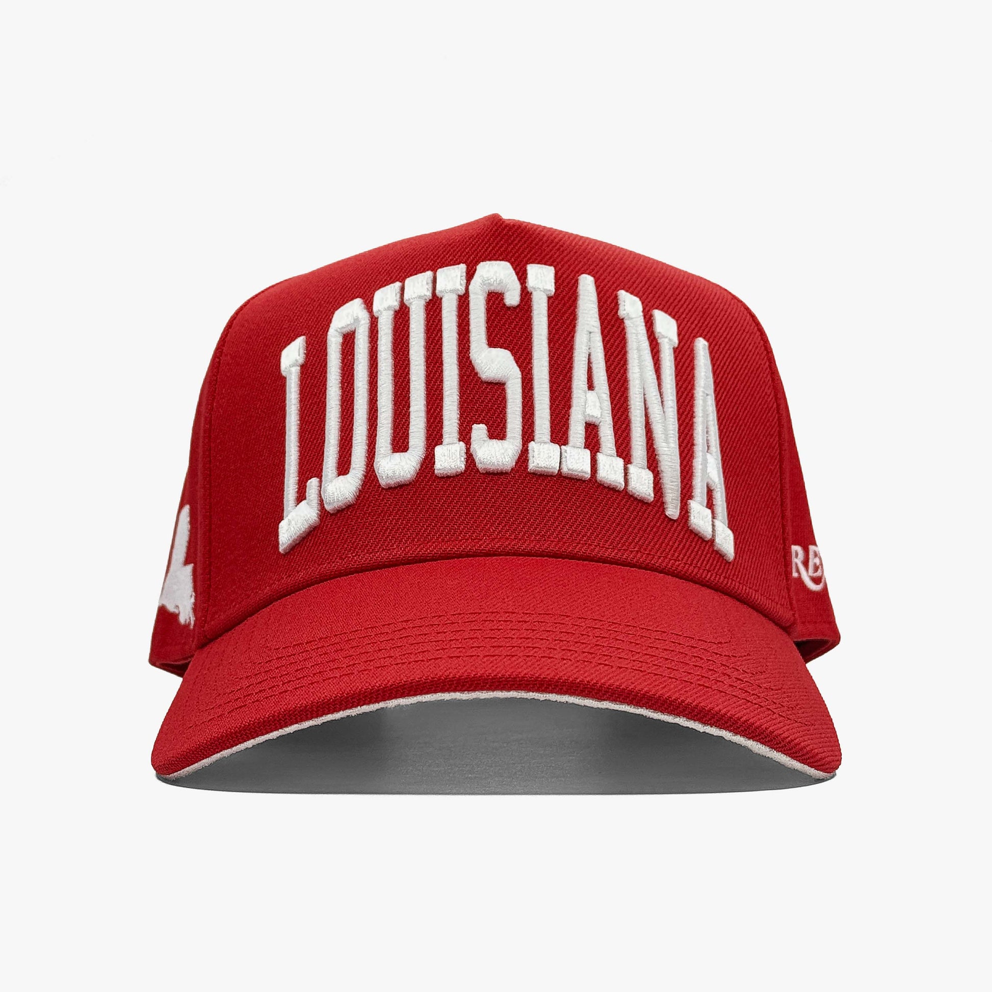 Louisiana Crimson 5-Panel Snapback Hat – Center Front View with Louisiana Embroidery