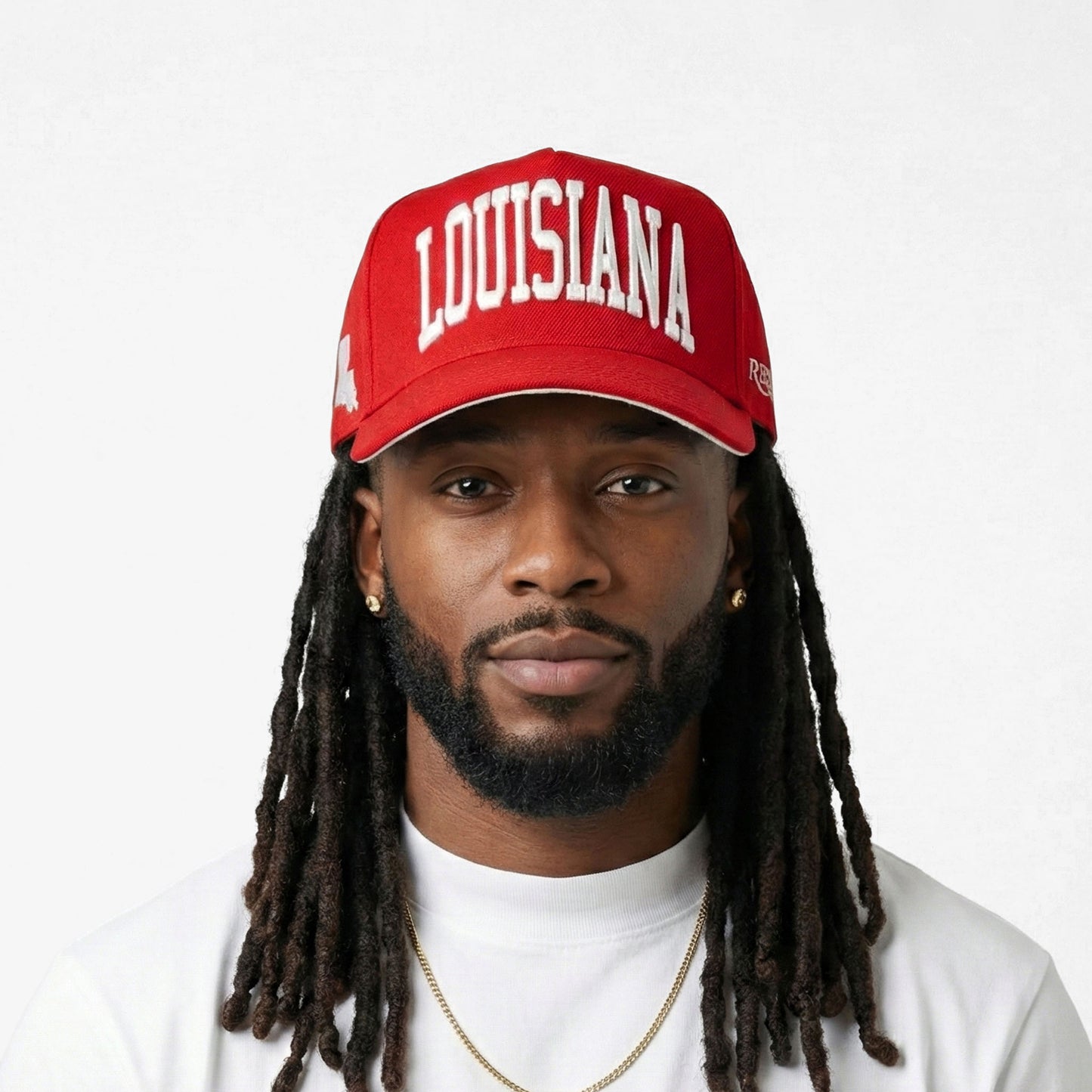 Model Wearing Louisiana Crimson Snapback – Front View with 3D Embroidered Louisiana Design
