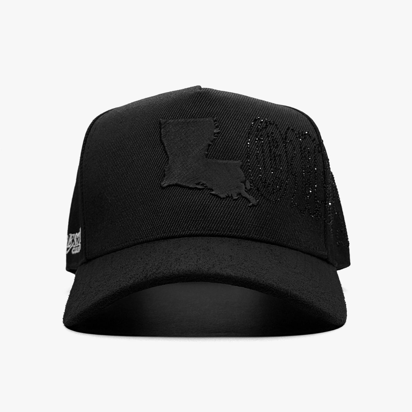 Louisiana Crystals Midnight Edition Snapback – Front View with Blacked-Out Embroidery and Crystal Detailing