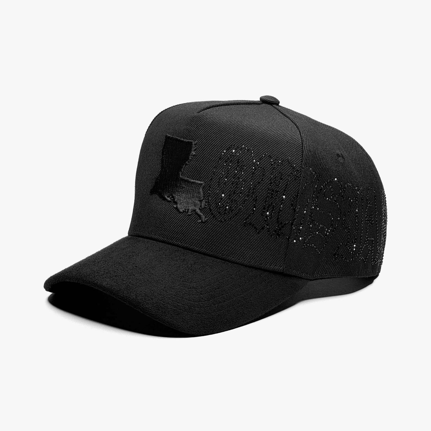 Louisiana Crystals Midnight Edition Snapback – Left Angle View with Crystal Embellished Louisiana State Outline