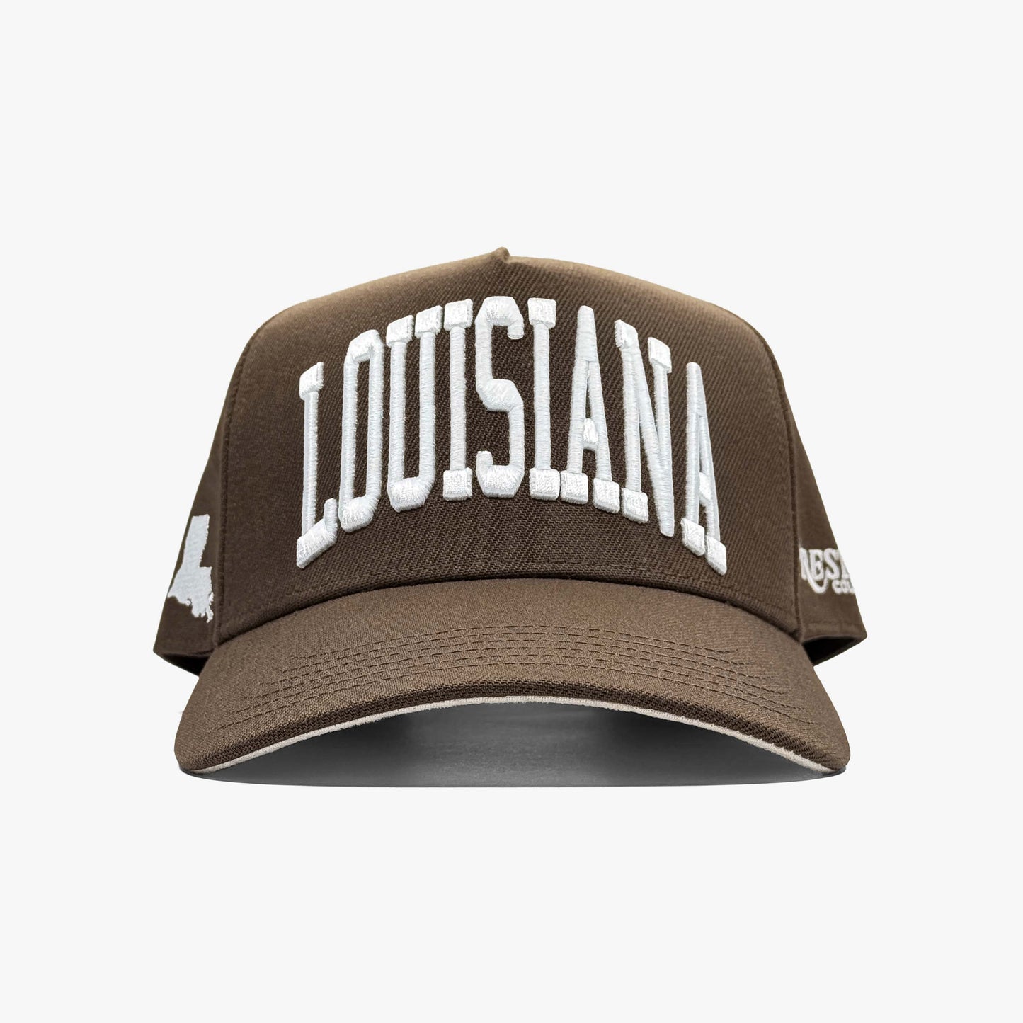 Louisiana Mocha 5-Panel Snapback Hat – Center Front View with Louisiana Embroidery
