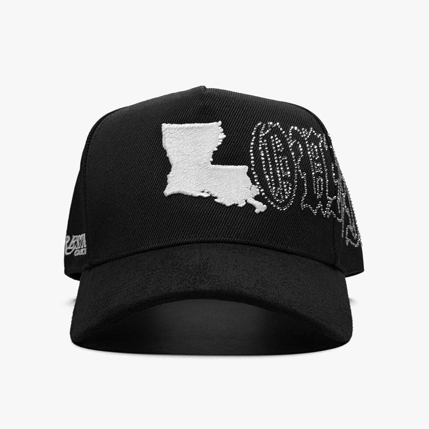 Louisiana Crystals Moonlight Edition Snapback – Front View with White-Out Embroidery and Crystal Detailing