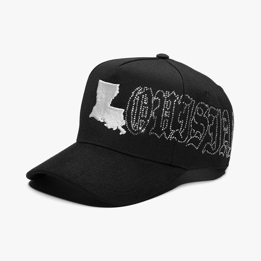 Louisiana Crystals Moonlight Edition Snapback – Left Angle View with Crystal Embellished Louisiana State Outline
