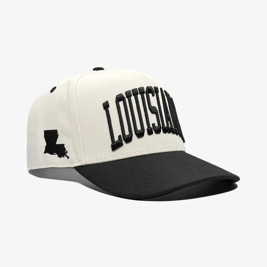 Louisiana Off White 5-Panel Polyester Snapback Hat – Right Angle View