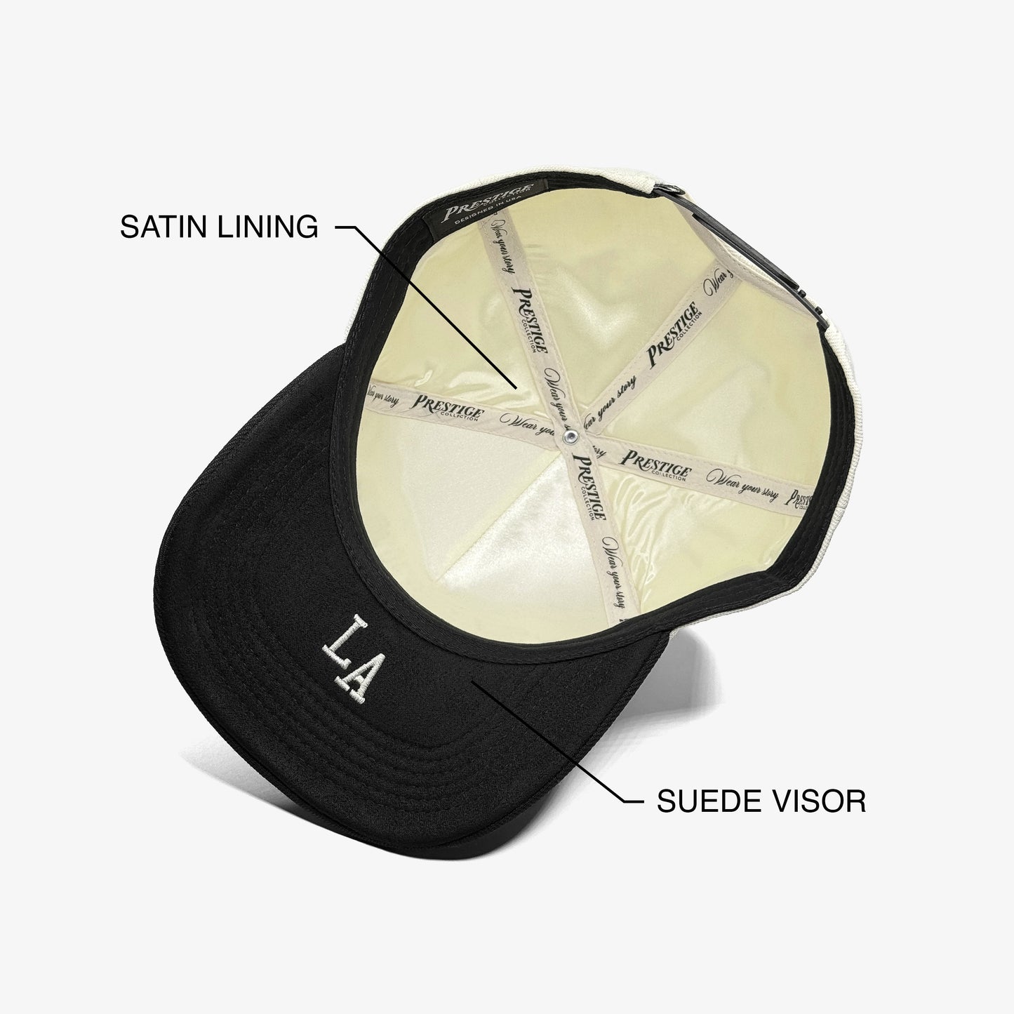Louisiana Off White 5-Panel Snapback Hat – Under Brim View with LA Abbreviation Embroidery