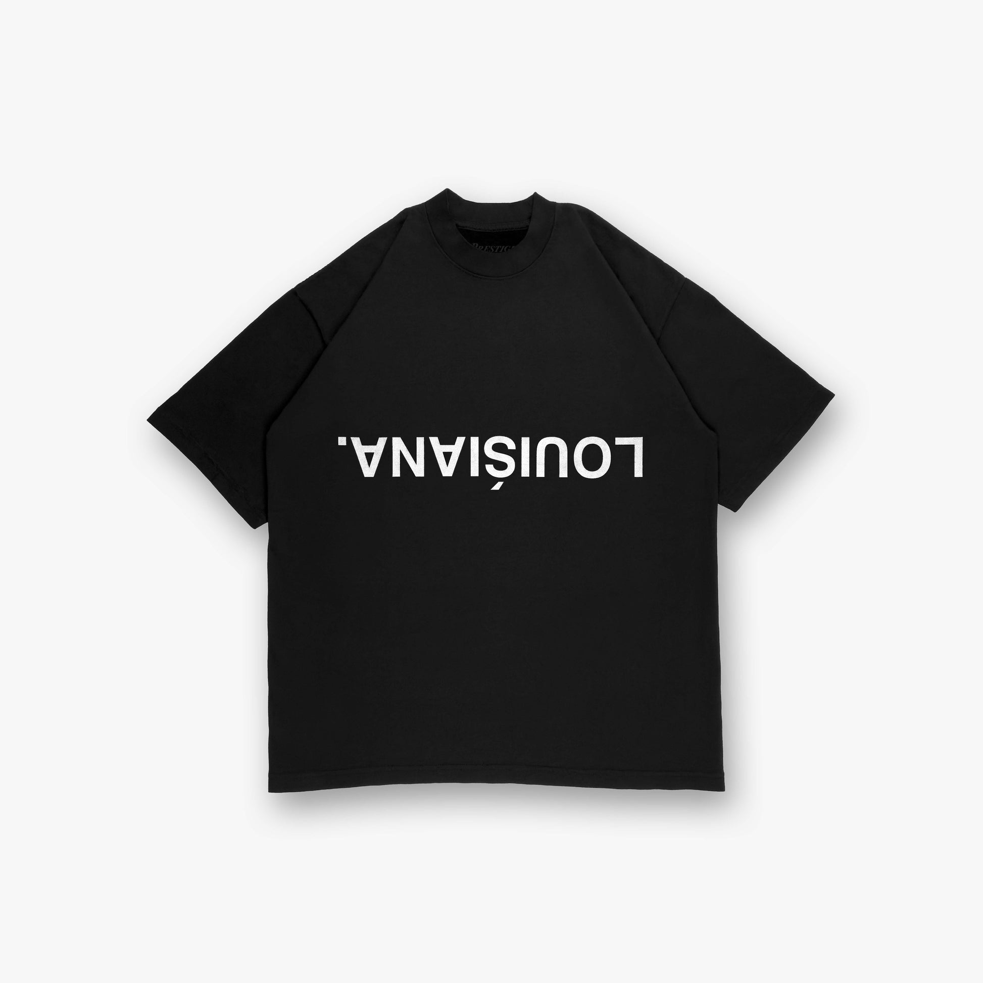 Louisiana Reflection Tee – Black Edition Front View with Mirrored LOUISIANA Print