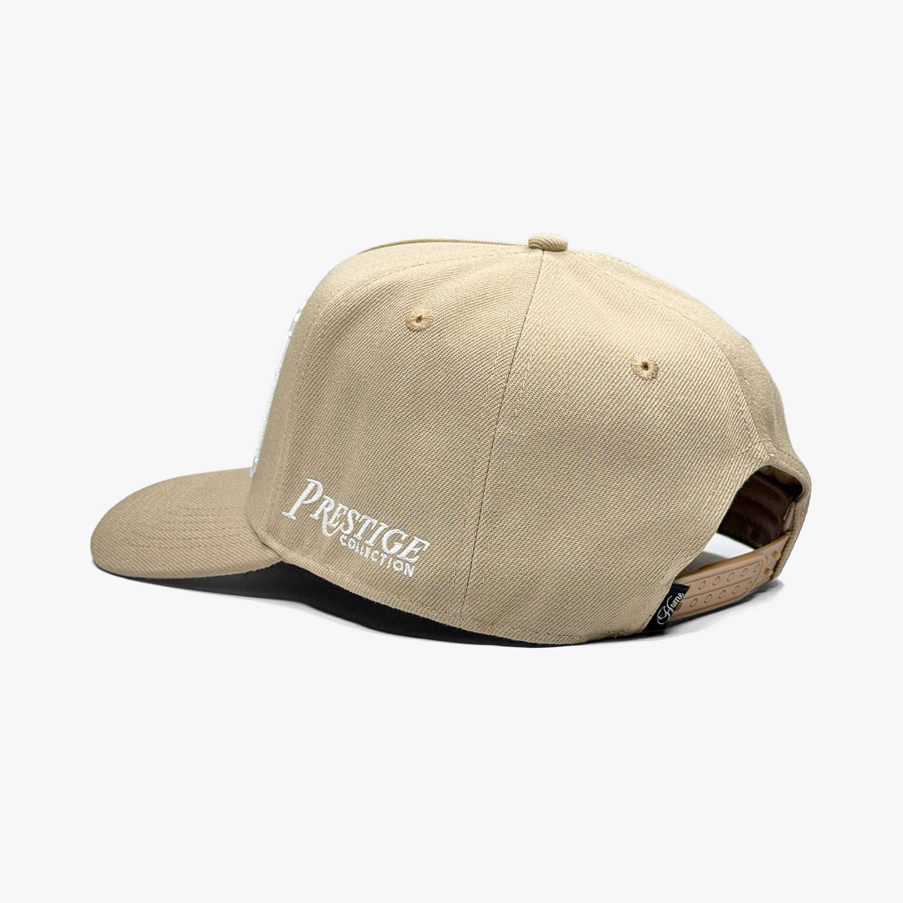 Louisiana sand 5 panel snapback back view with Prestige logo and snapback closure