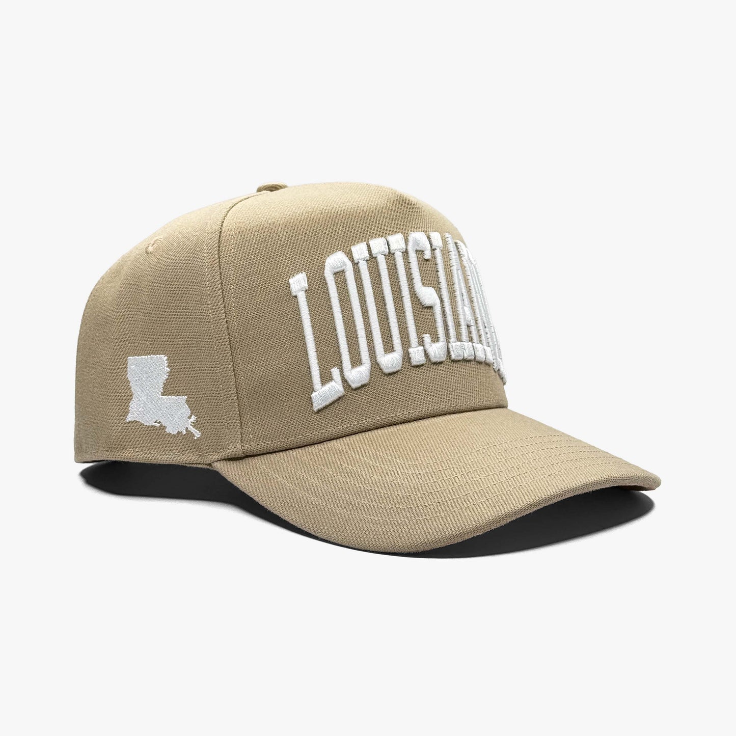 Louisiana sand 5 panel snapback right angle showing raised Louisiana embroidery
