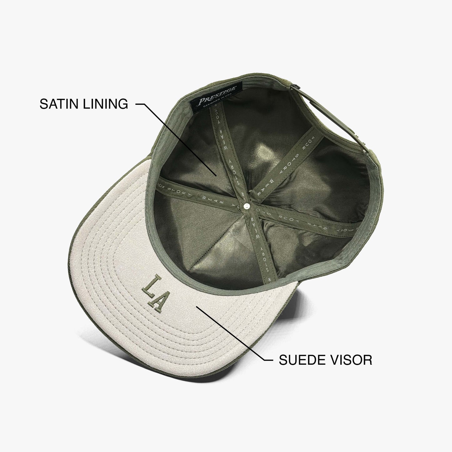 baseball caps with labeled features on a white background