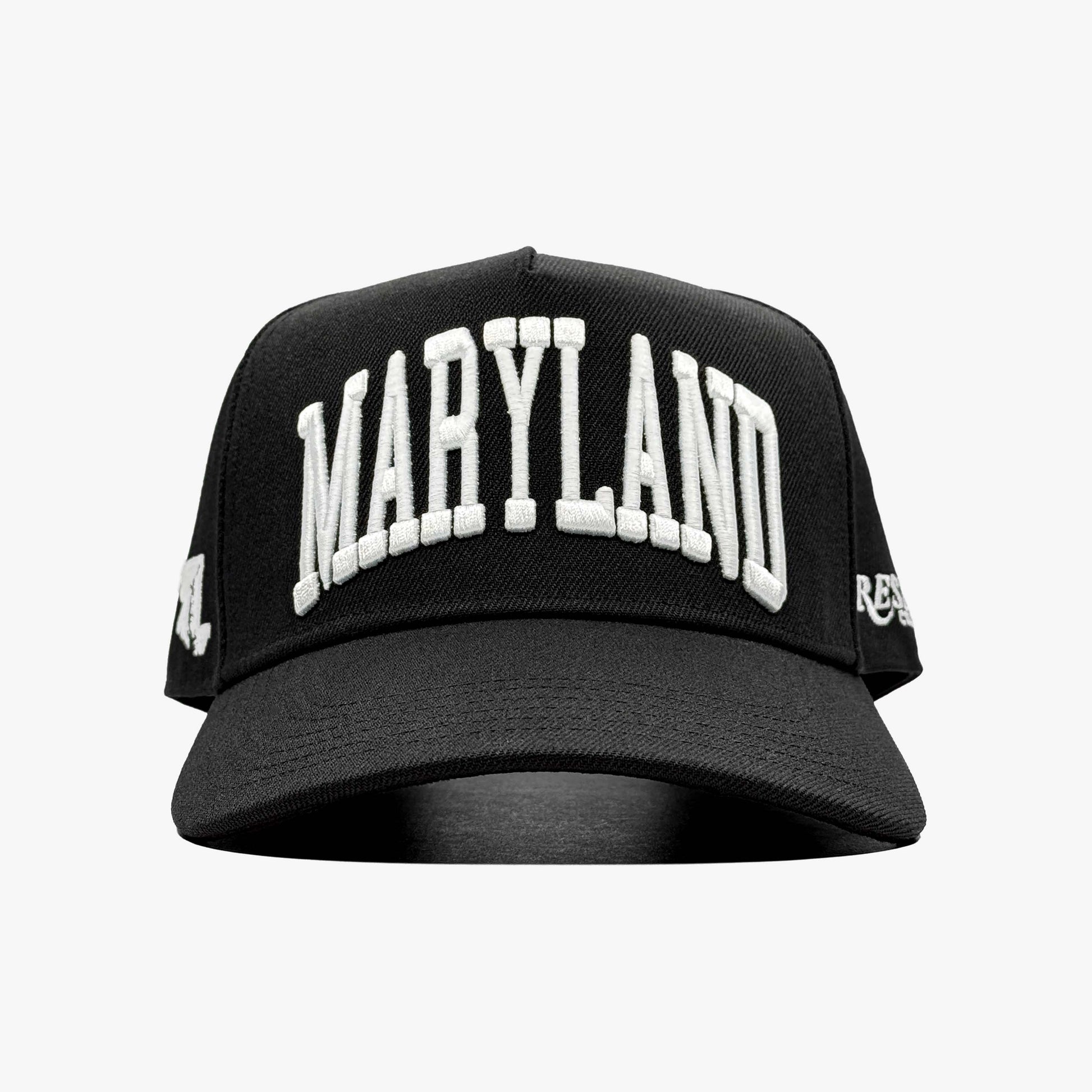 Maryland Black 5-Panel Snapback Hat – Center Front View with Maryland State Embroidery