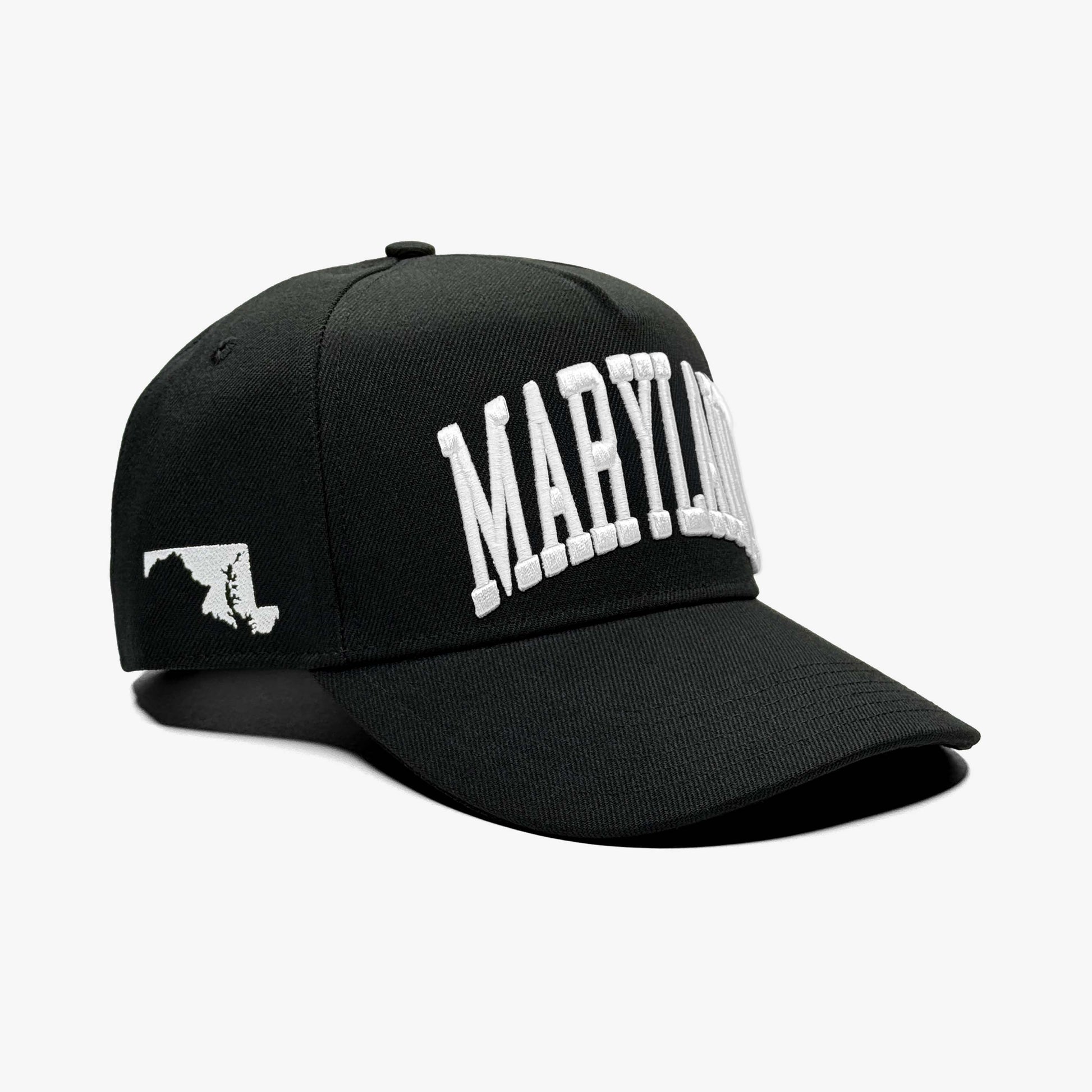Maryland Black 5-Panel Snapback Hat – Right Angle View with State Silhouette Embroidery