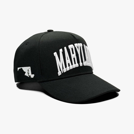 Maryland Black 5-Panel Snapback Hat – Right Angle View with State Silhouette Embroidery