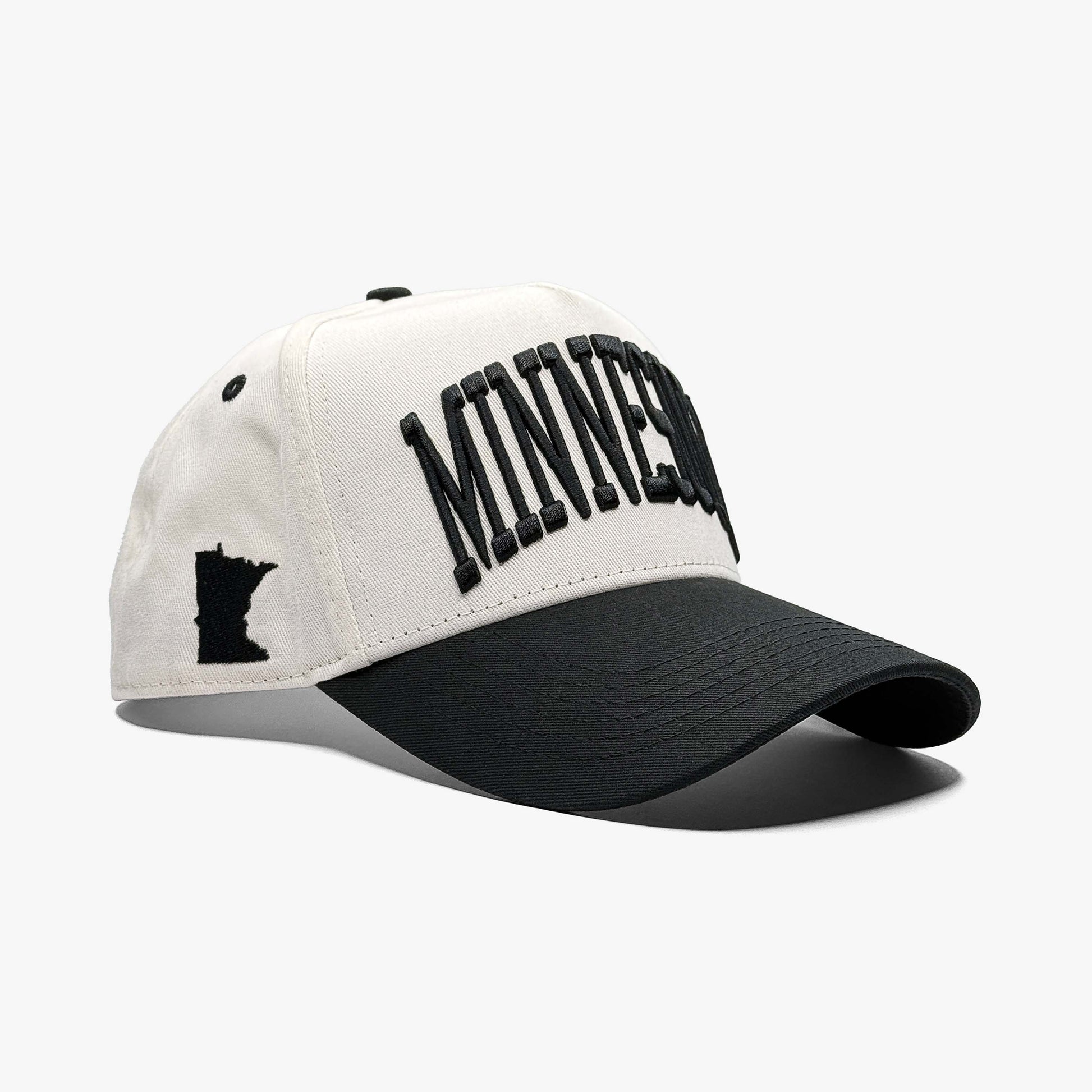 Minnesota Off White 5-Panel Snapback Hat – Right Angle View with State Silhouette Embroidery
