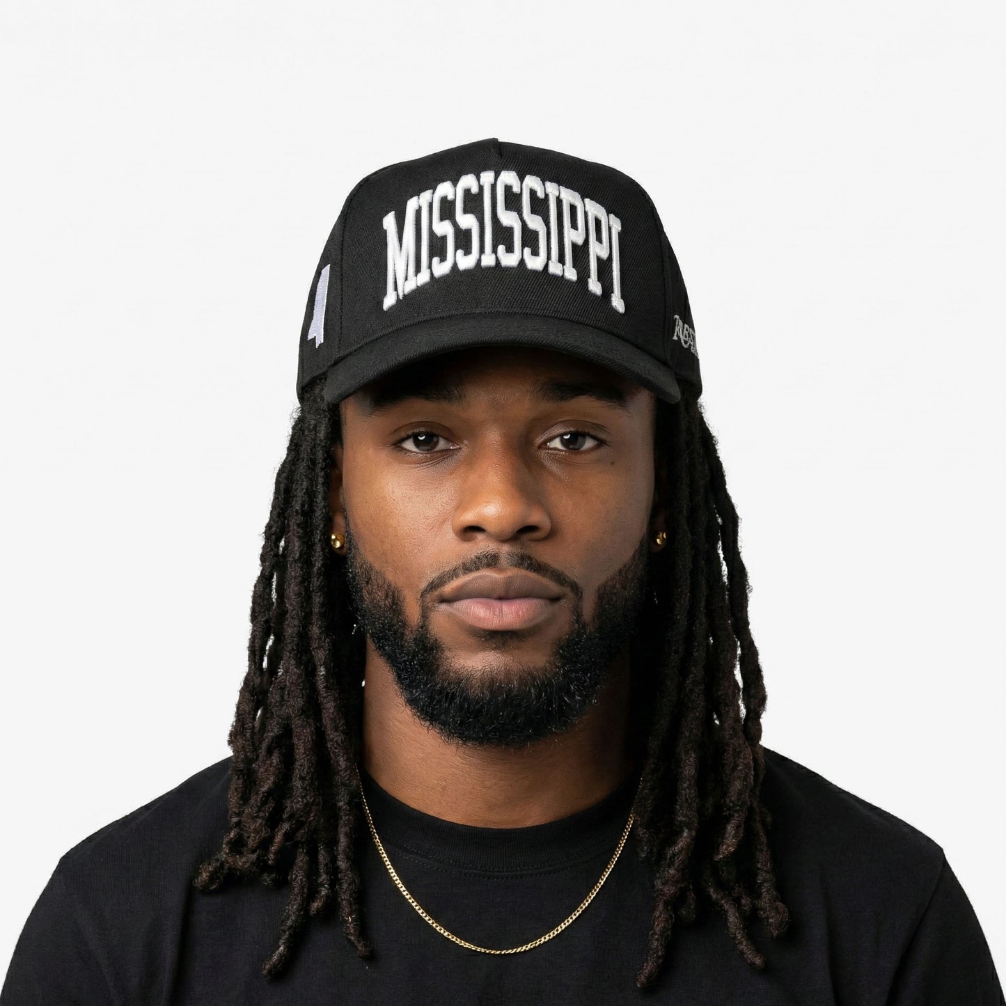 Model Wearing Mississippi Black Snapback – Front View with 3D Embroidered Mississippi Design