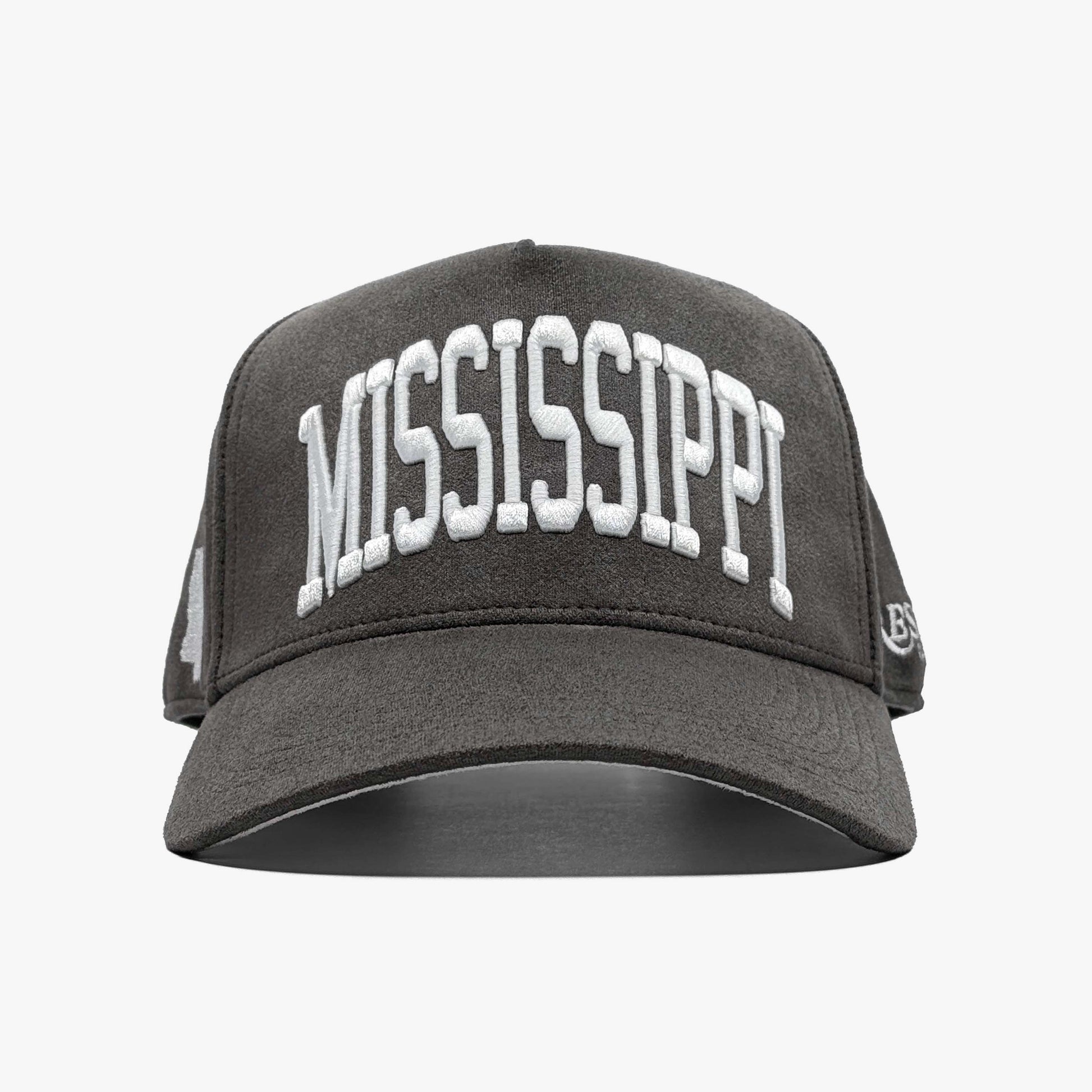 Mississippi Charcoal Suede 5-Panel Snapback Hat – Front View with Mississippi Embroidery