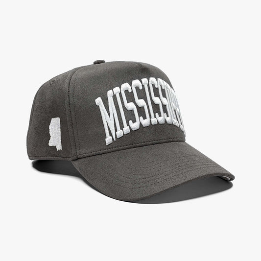 Mississippi Charcoal Suede 5-Panel Snapback Hat – Right Angle View with Mississippi State Silhouette Embroidery