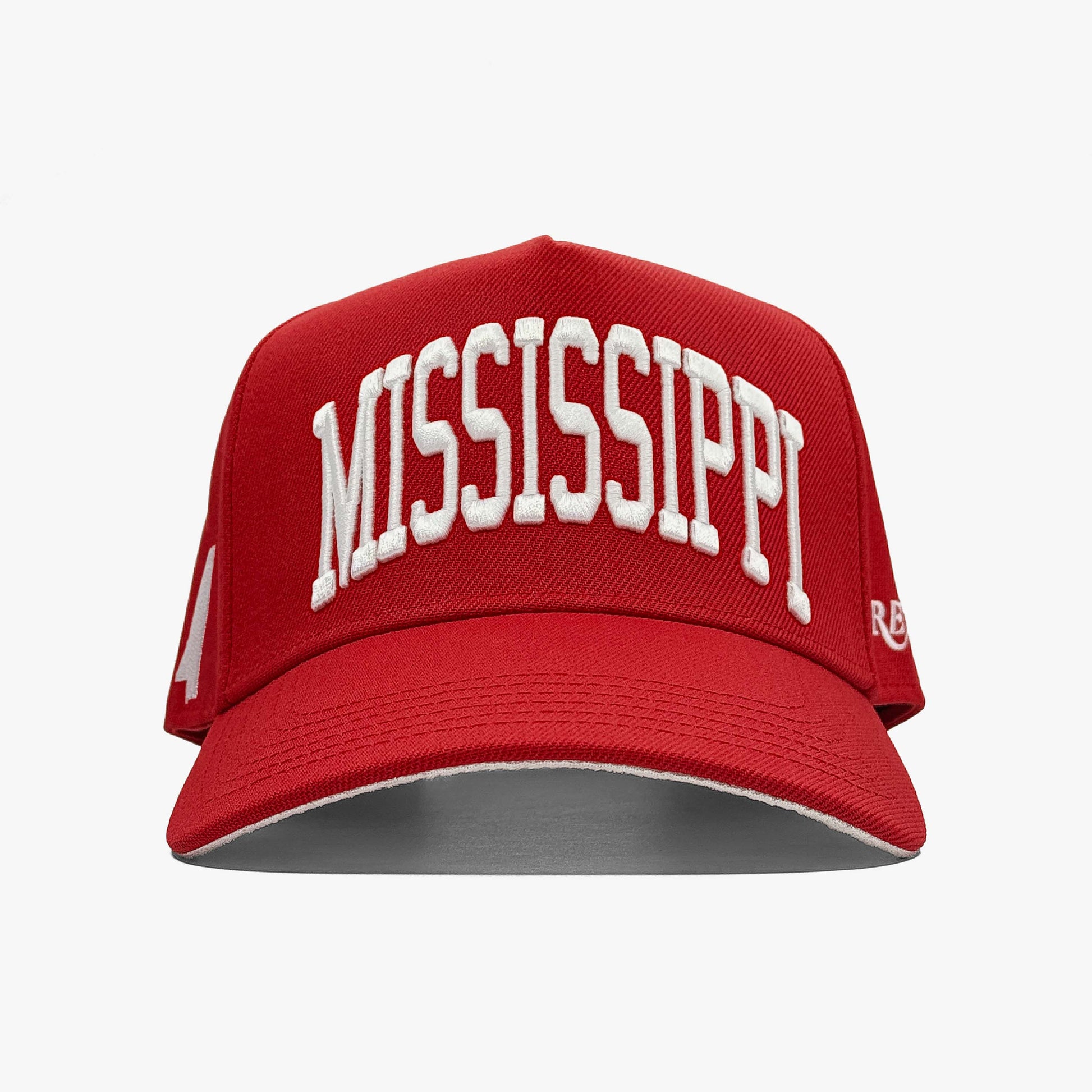 Mississippi Crimson 5-Panel Snapback Hat – Center Front View with Mississippi Embroidery