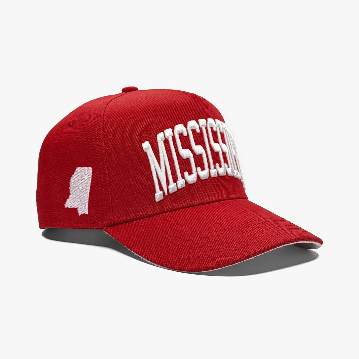 Mississippi Crimson 5-Panel Snapback Hat – Right Angle View with Mississippi State Silhouette Embroidery