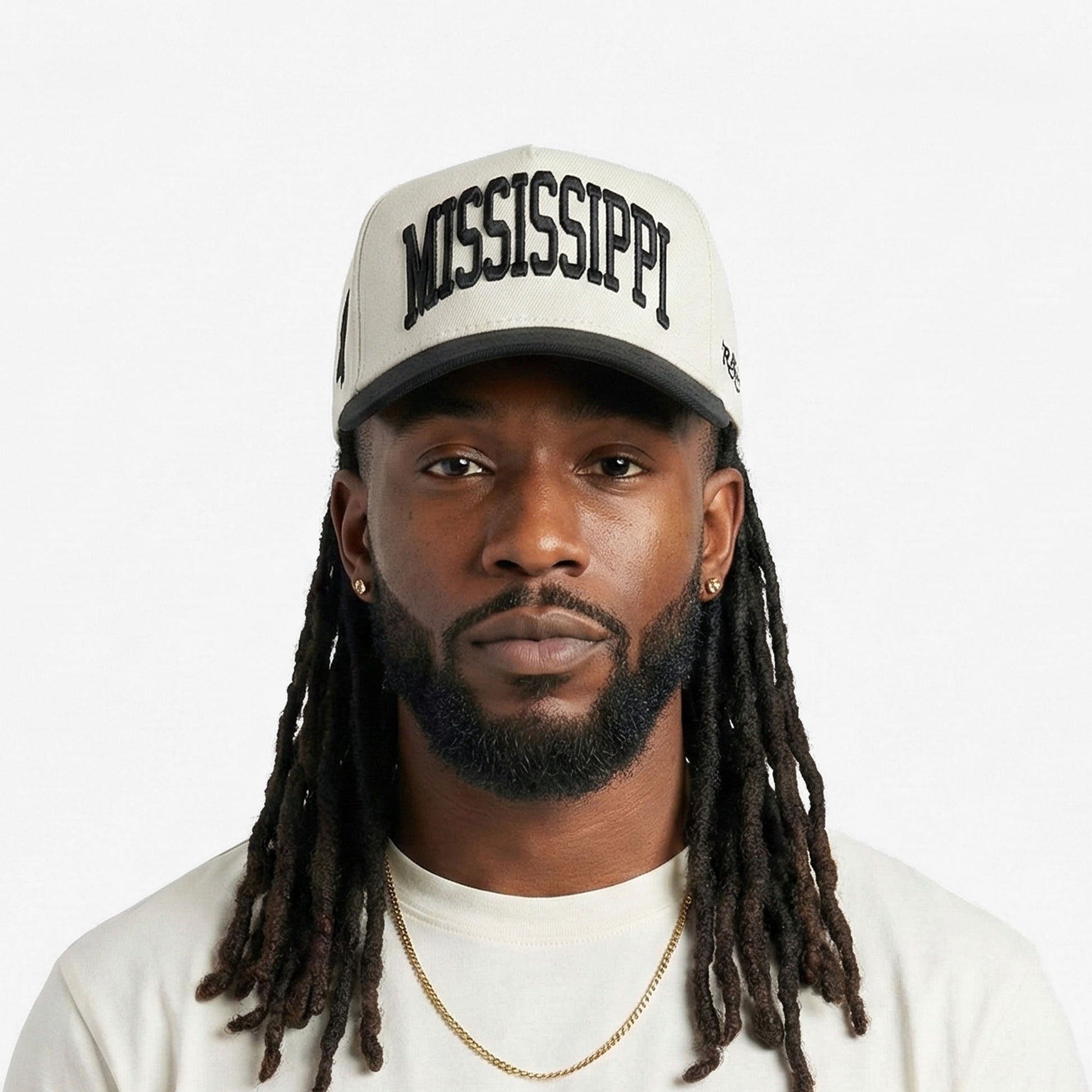 Model Wearing Mississippi Off White Snapback – Front View with 3D Embroidered Mississippi Design