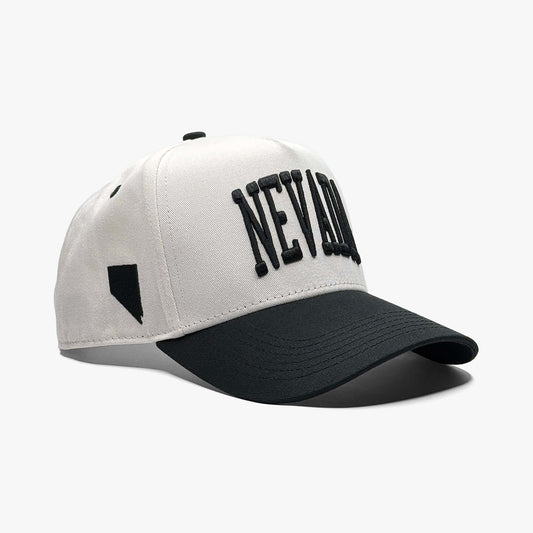 Nevada Off White 5-Panel Snapback Hat – Right Angle View with Nevada State Silhouette Embroidery