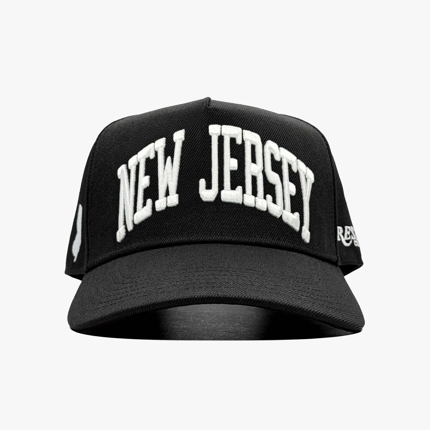 New Jersey Black 5-Panel Snapback Hat – Center Front View with New Jersey State Embroidery
