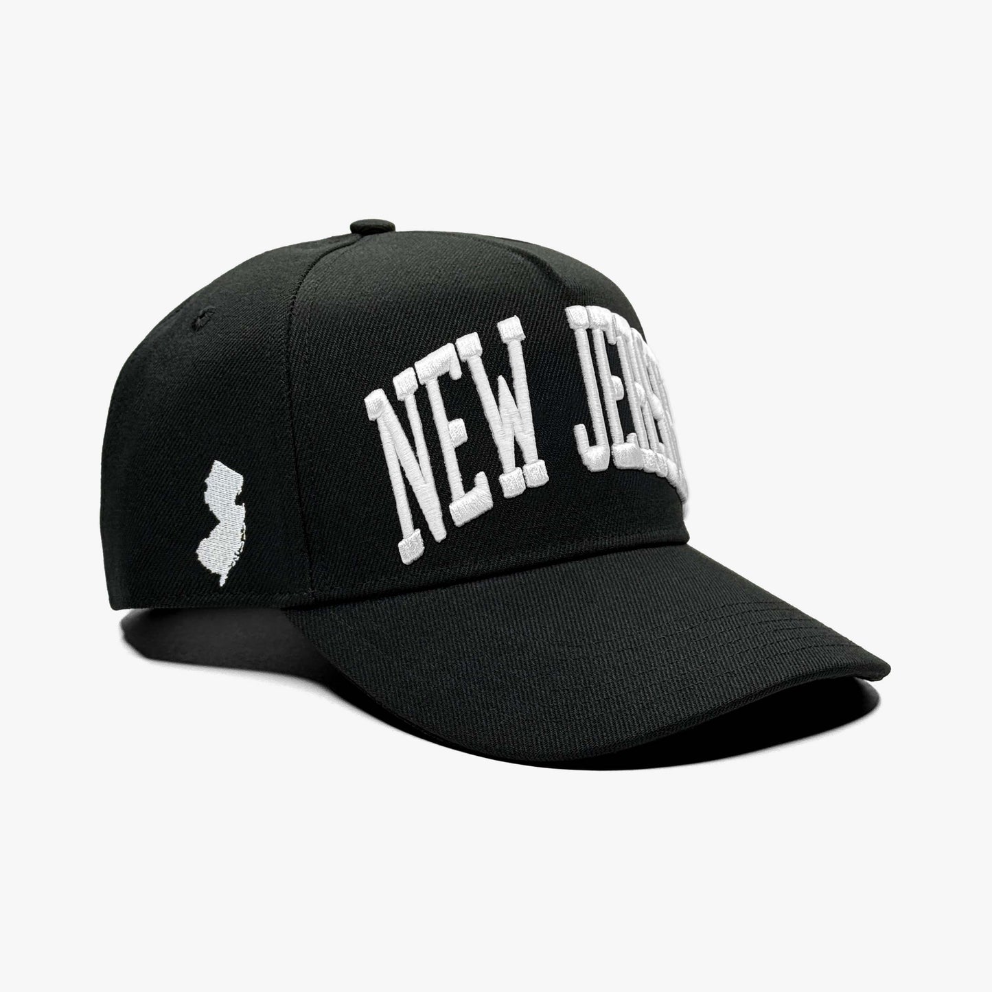 New Jersey Black 5-Panel Snapback Hat – Right Angle View with State Silhouette Embroidery