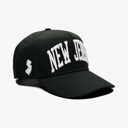 New Jersey Black 5-Panel Snapback Hat – Right Angle View with State Silhouette Embroidery