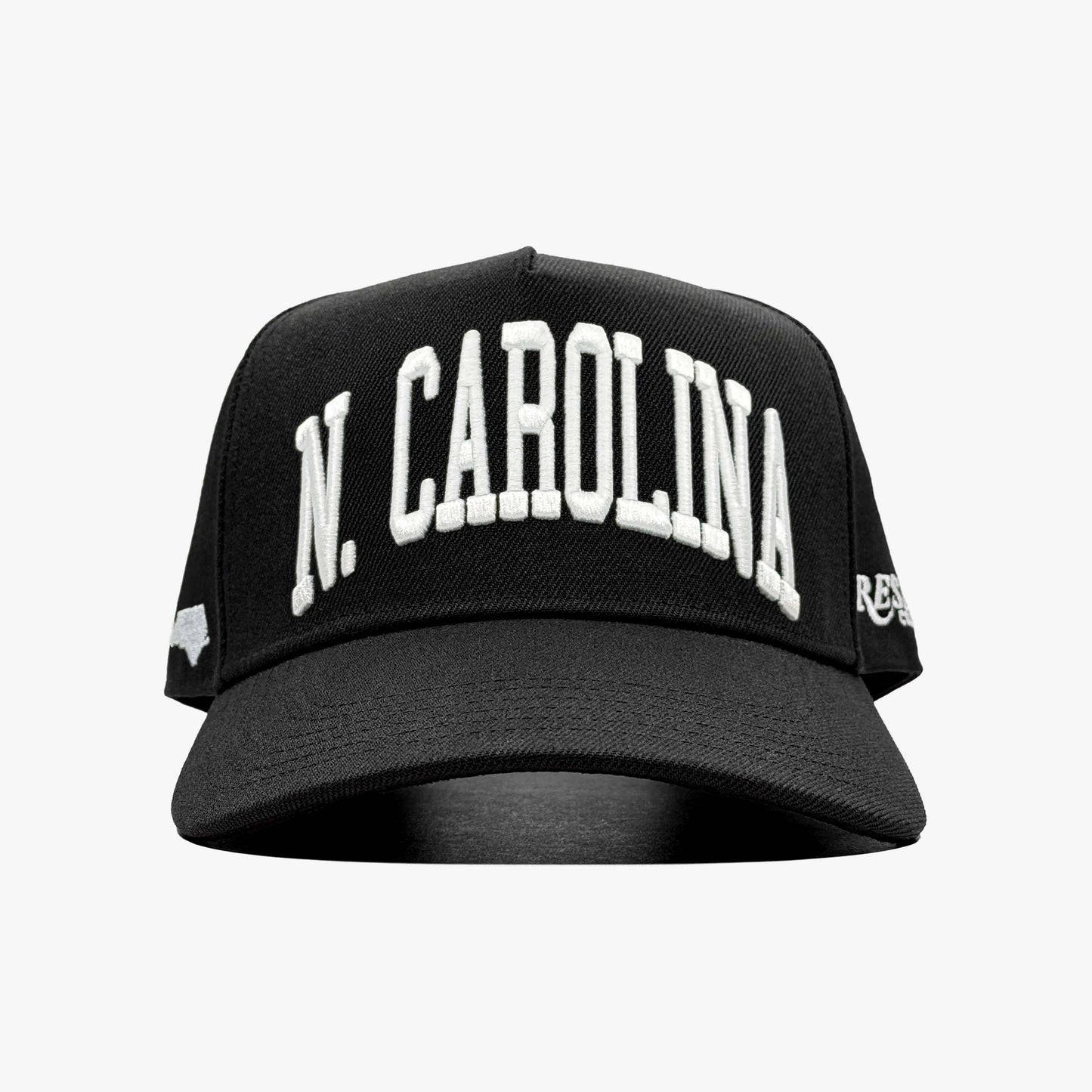 North Carolina Black 5-Panel Snapback Hat – Center Front View with N. Carolina State Embroidery