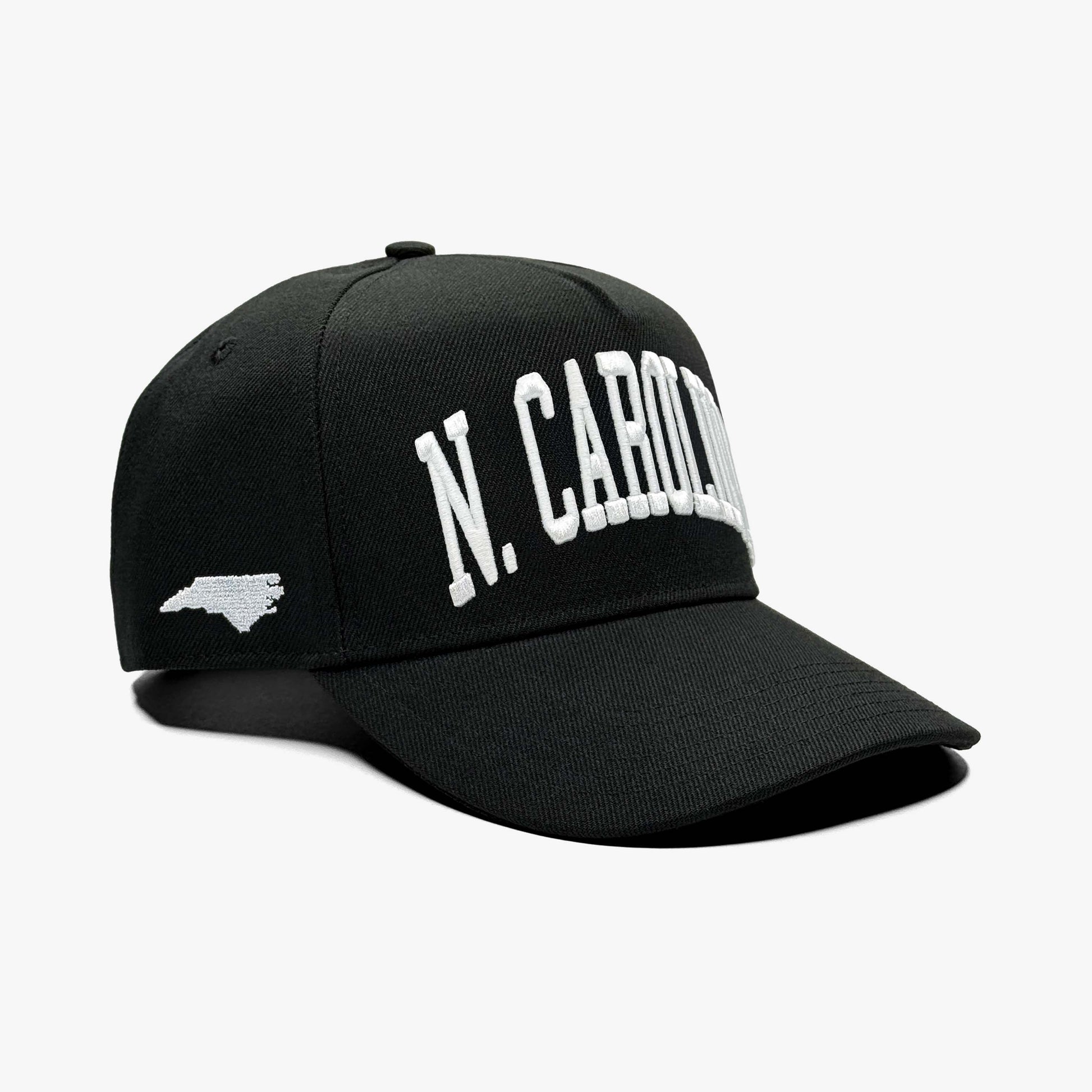 North Carolina Black 5-Panel Snapback Hat – Right Angle View with State Silhouette Embroidery