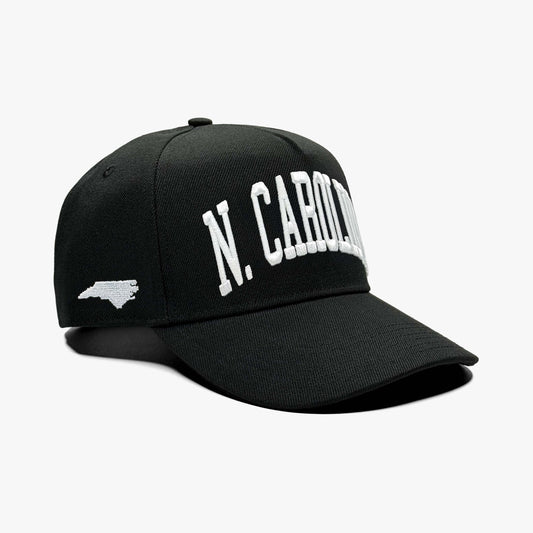 North Carolina Black 5-Panel Snapback Hat – Right Angle View with State Silhouette Embroidery