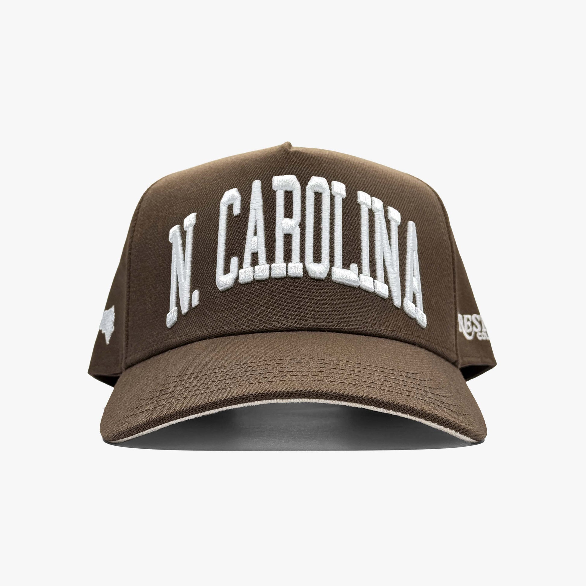 North Carolina Mocha 5-Panel Snapback Hat – Center Front View with North Carolina Embroidery