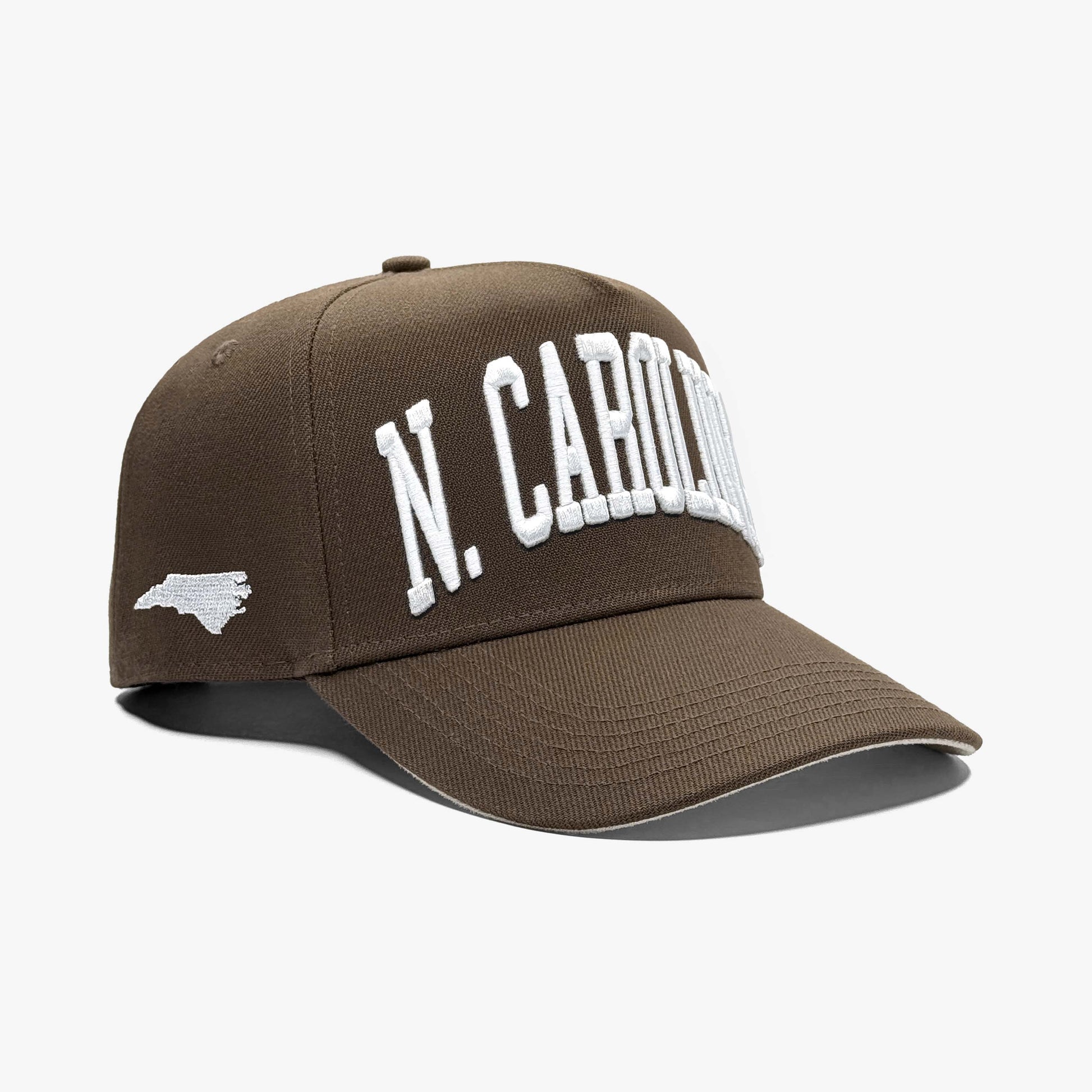 North Carolina Mocha 5-Panel Snapback Hat – Right Angle View with North Carolina State Silhouette Embroidery